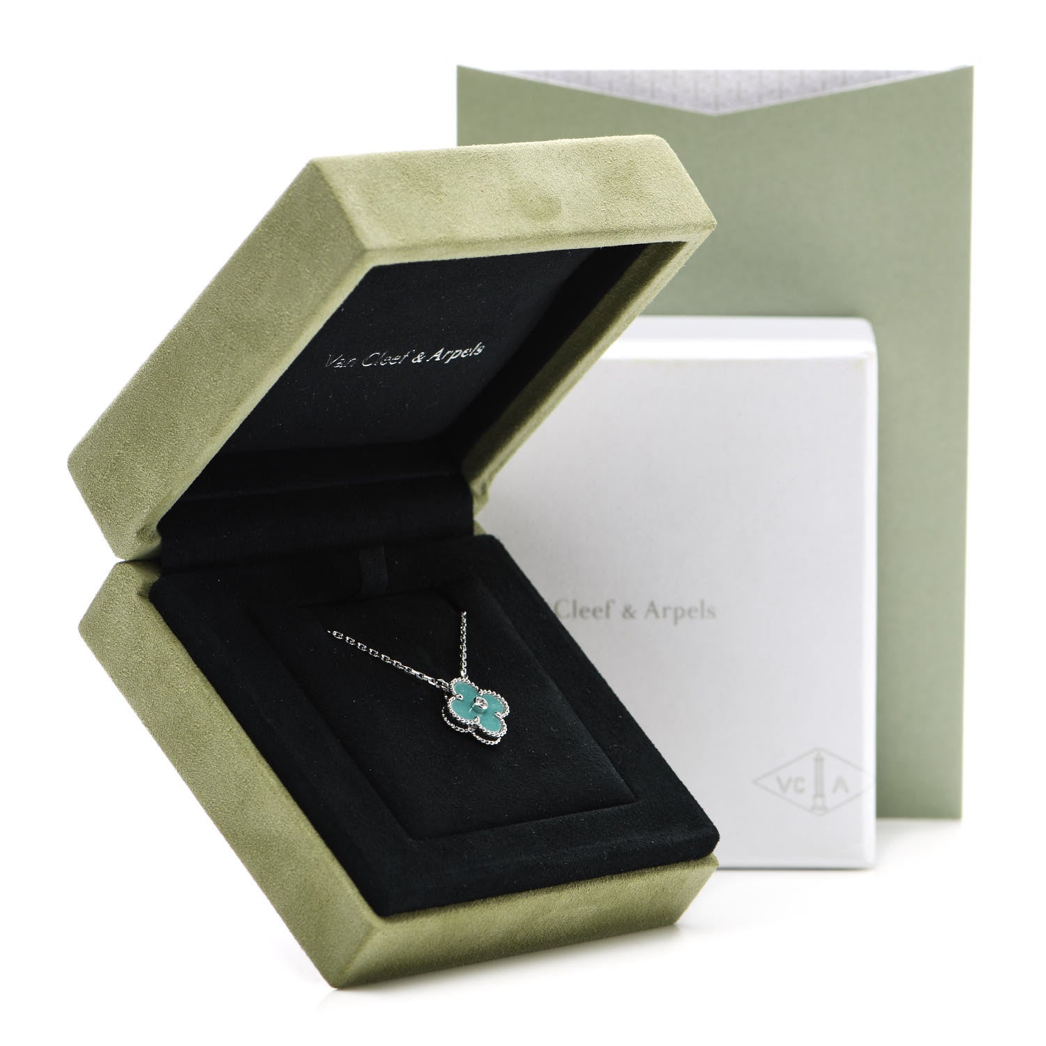 Van Cleef & Arpels 18K White Gold Diamond Celadon Green Sevres Porcelain Vintage Alhambra Pendant Necklace 6 of 6