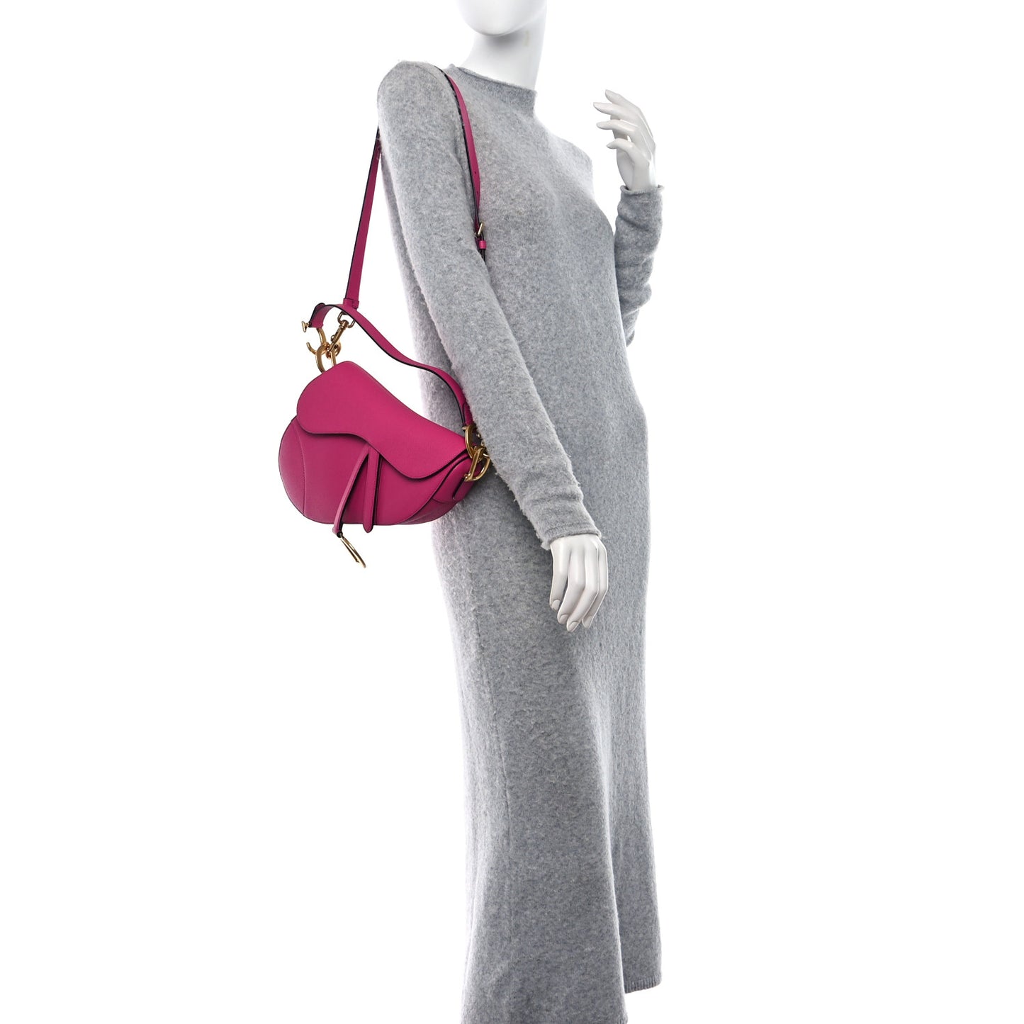 Grained Calfskin Saddle Bag With Strap Fuchsia