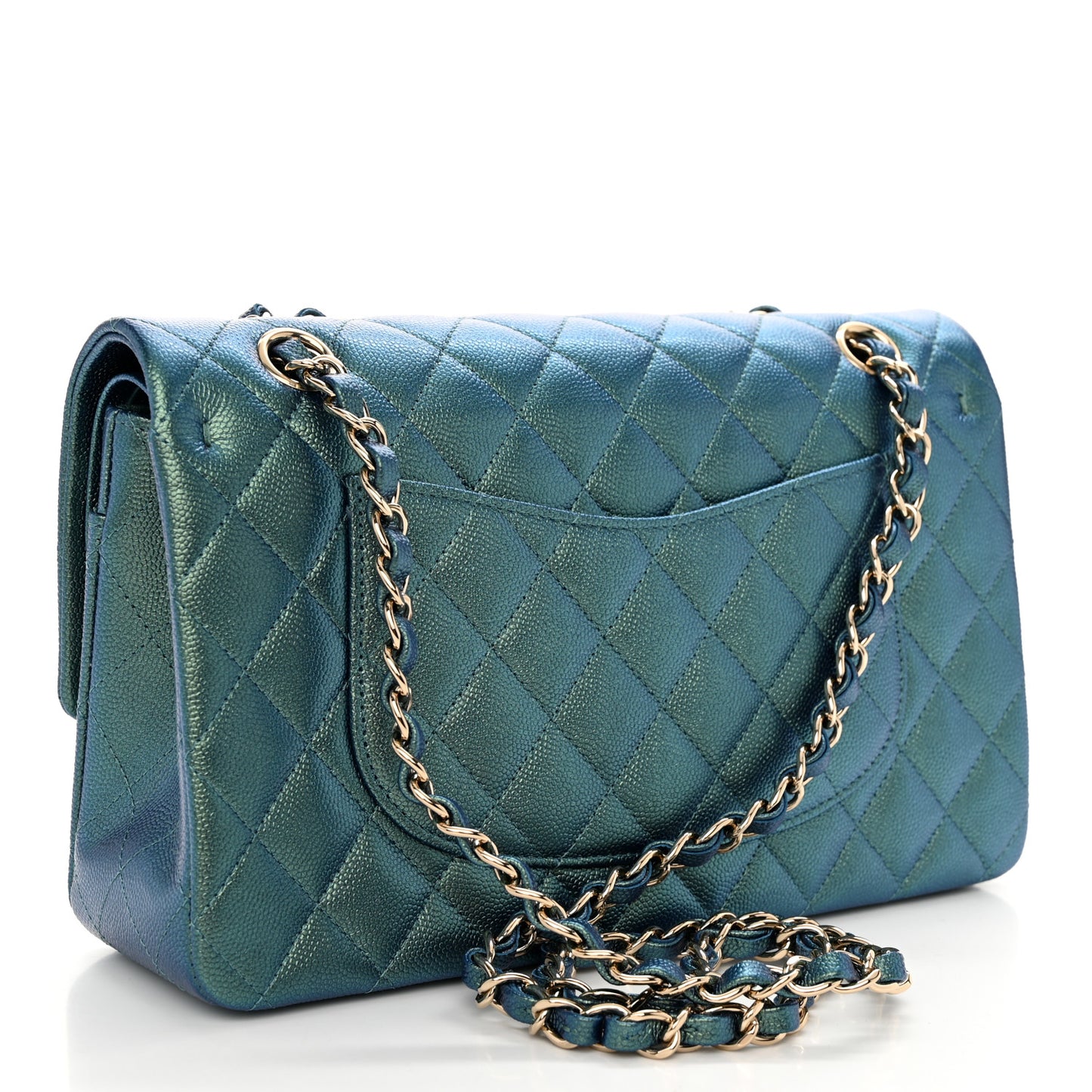 Iridescent Caviar Quilted Medium Double Flap Green