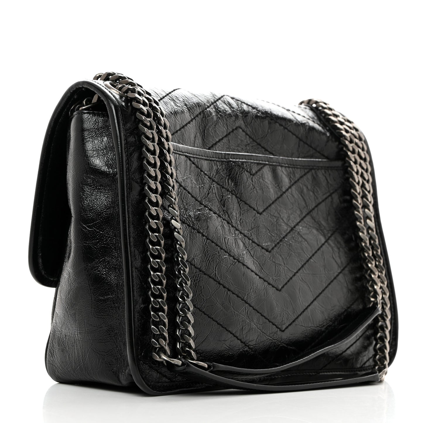 Crinkled Calfskin Matelasse Monogram Medium Niki Chain Satchel Black
