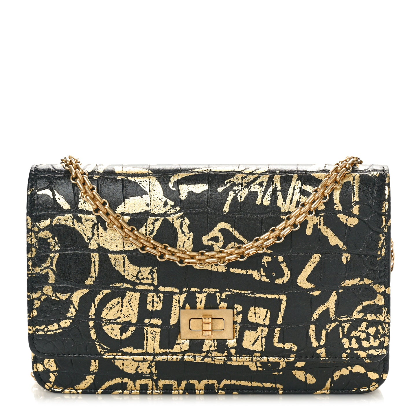 Calfskin Crocodile Embossed Graffiti 2.55 Cocodile Reissue Wallet On Chain WOC Black Gold