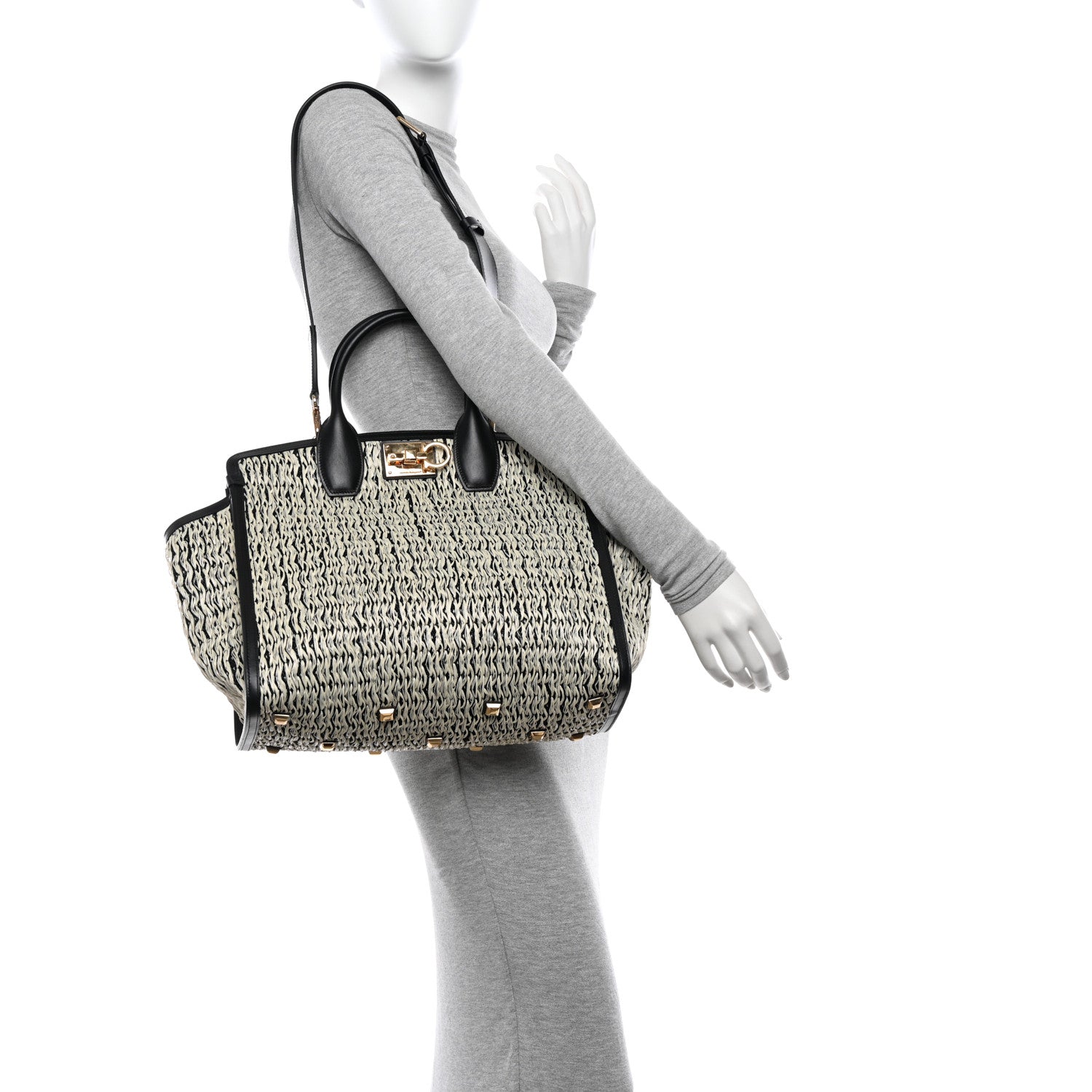 Salvatore Ferragamo Raffia Large Studio Bag Black White 2 of 10