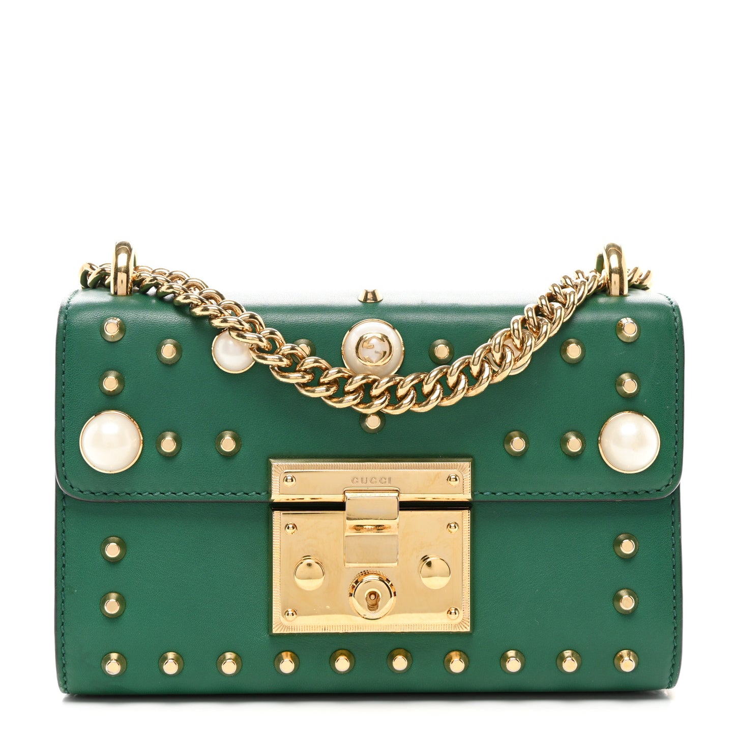 Calfskin Studded Small Padlock Shoulder Bag Emerald