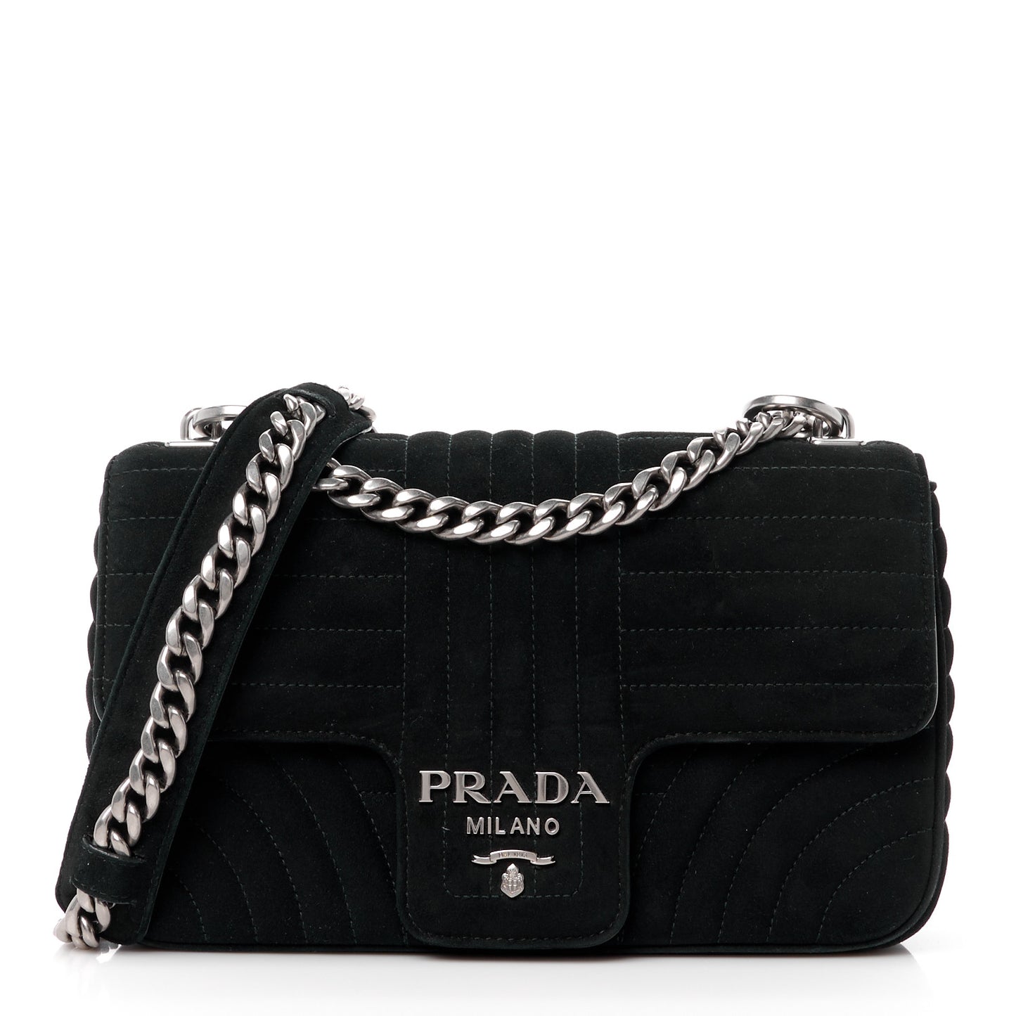 Camoscio Impunture Diagramme Medium Chain Flap Shoulder Bag Black