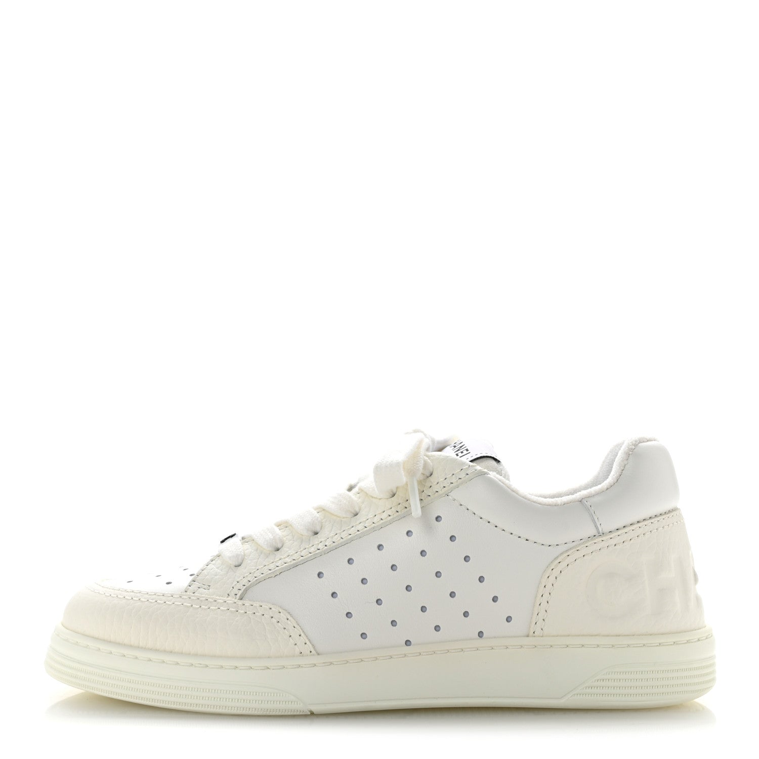 シャネル★ Chanel Grained Calfskin Fabric Womens Logo Sneakers 37.5 White