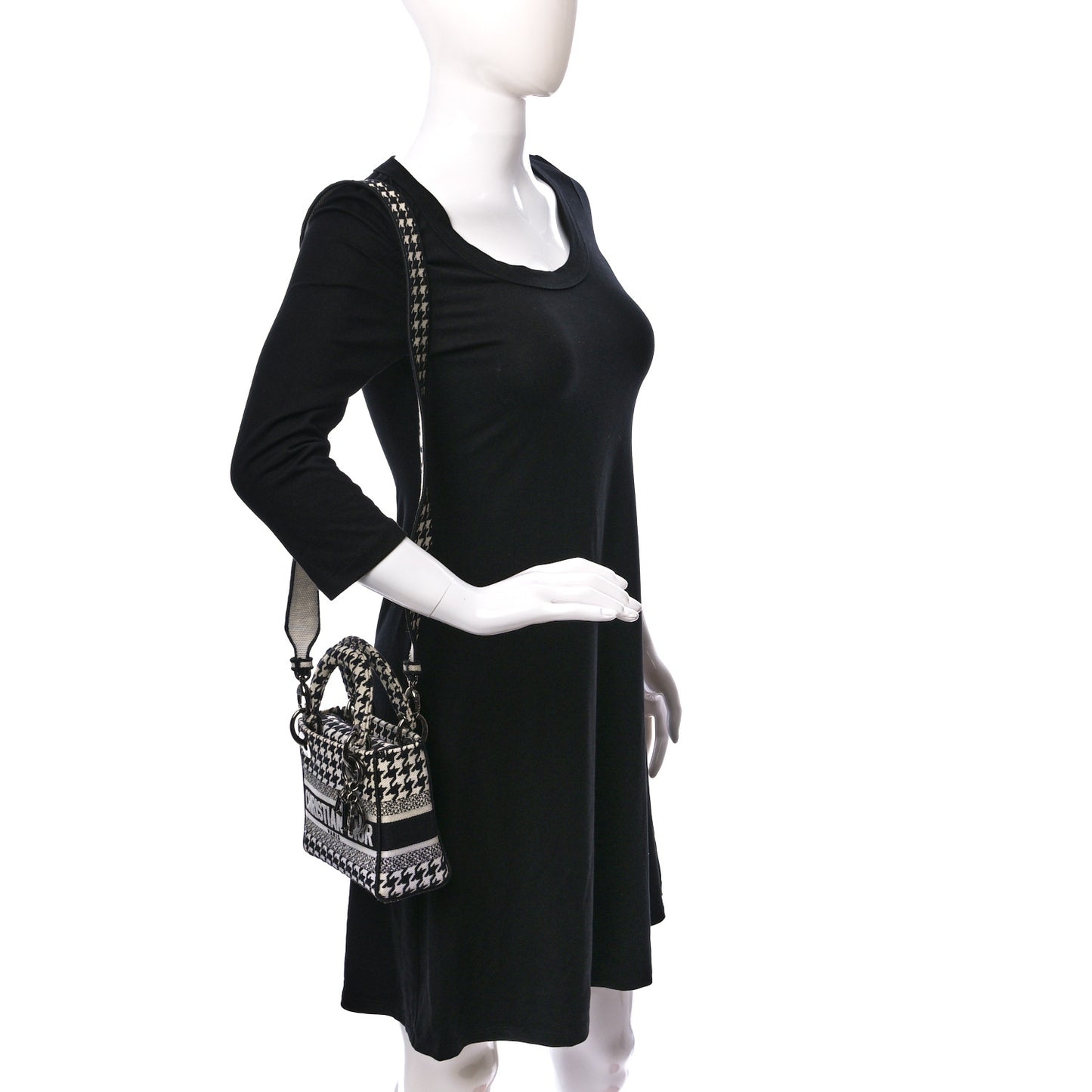 Canvas Houndstooth Embroidered Mini Lady D-Lite Black White