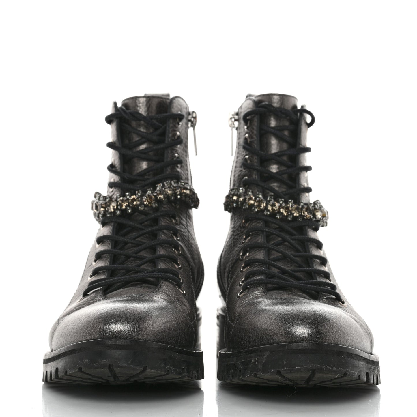Metallic Grained Goatskin Pearl Crystal Embellished Cruz Combat Boots 37 Grey