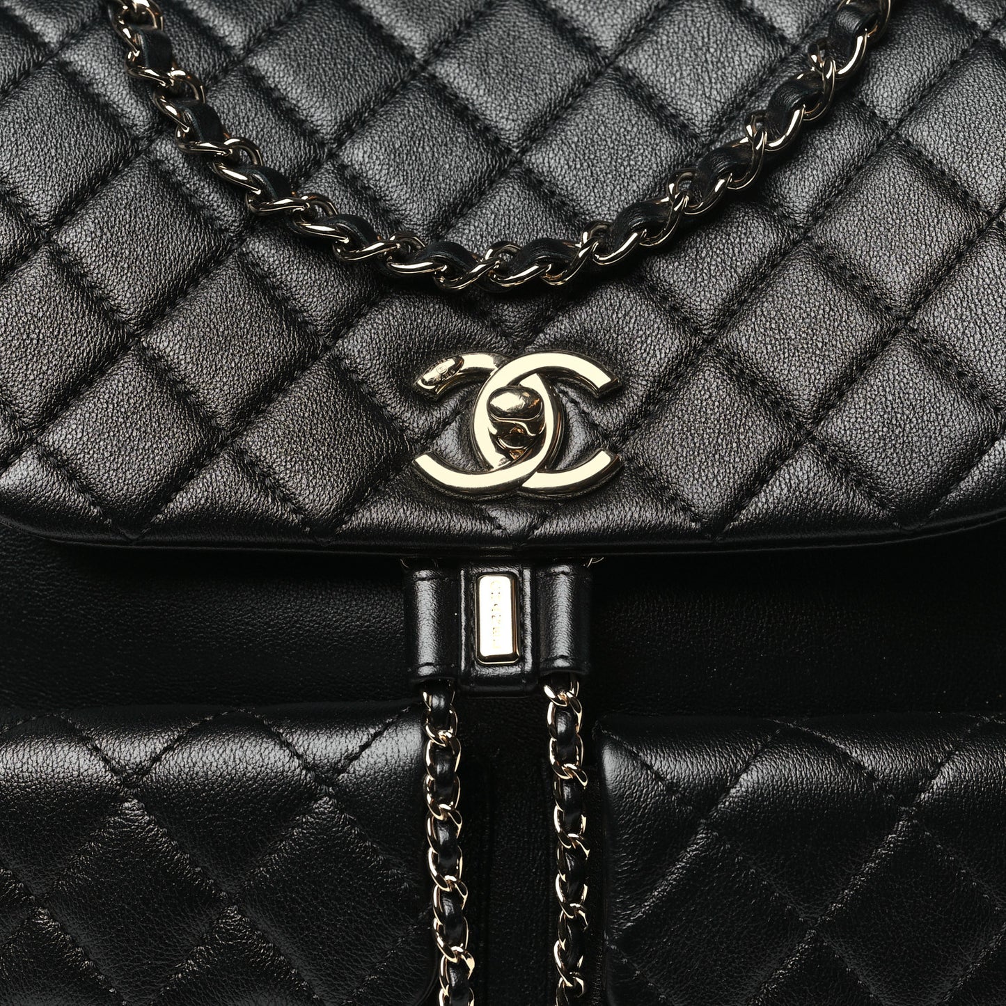 Calfskin Quilted Large Duma Pockets Drawstring Backpack Black