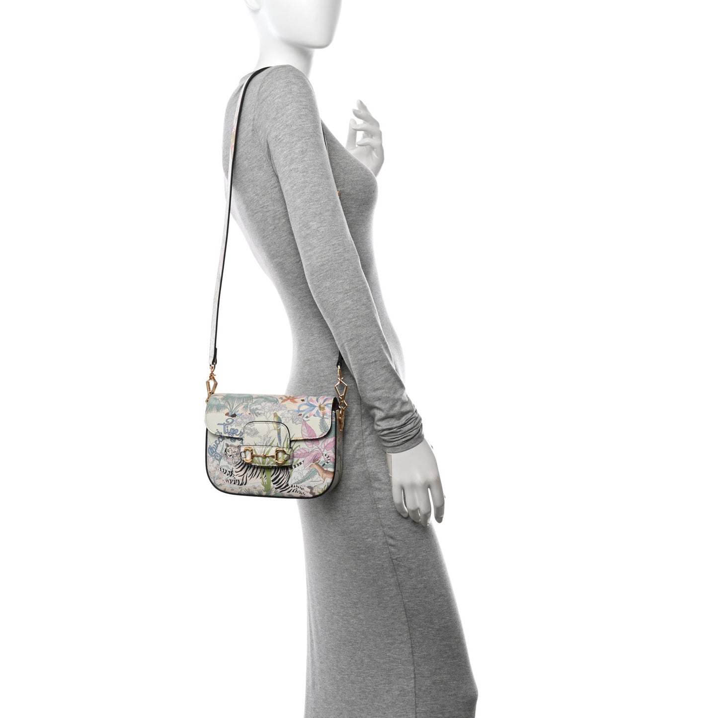 New Shangai Calfskin Tiger Savanah Web Mini Horsebit 1955 Shoulder Bag Chalky White Multicolor