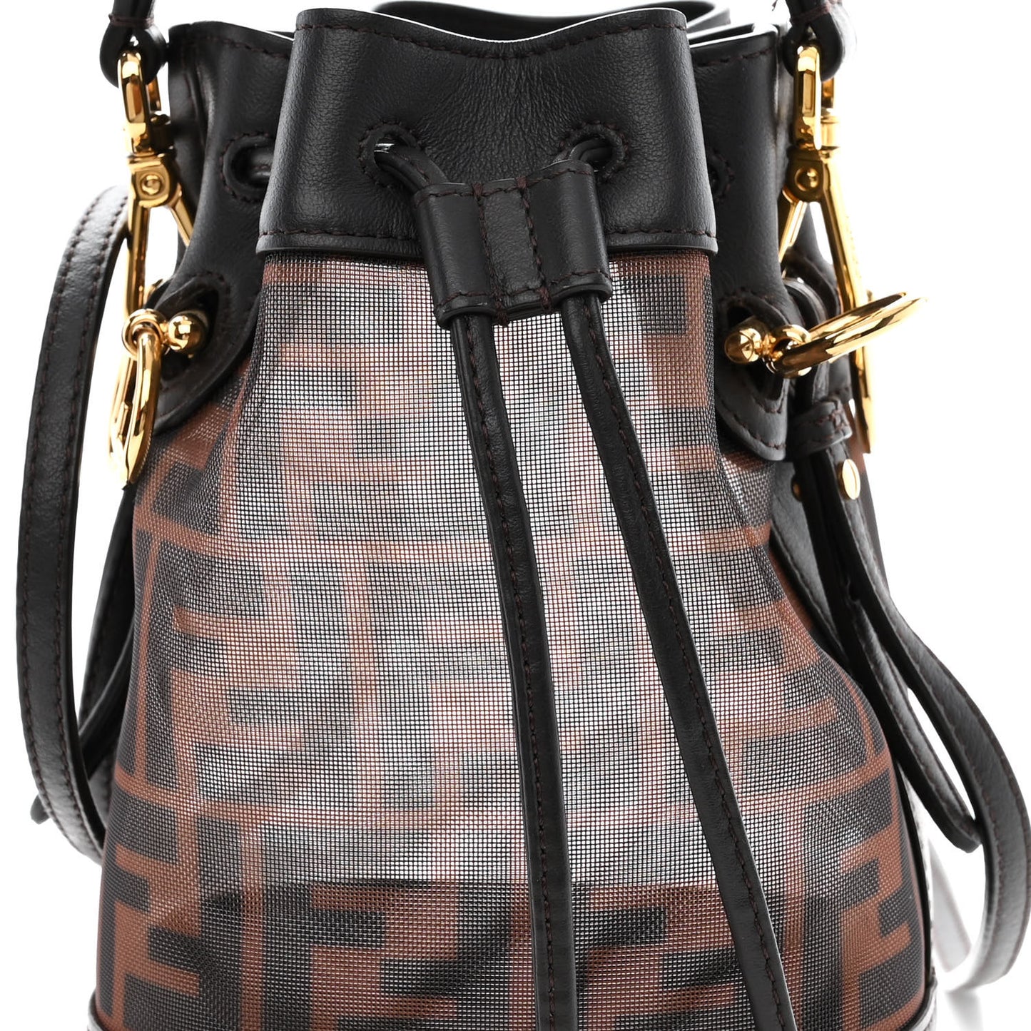 Mesh Vitello Grace F is Fendi FF 1974 Mini Mon Tresor Bucket Bag Marrone Black Ebano