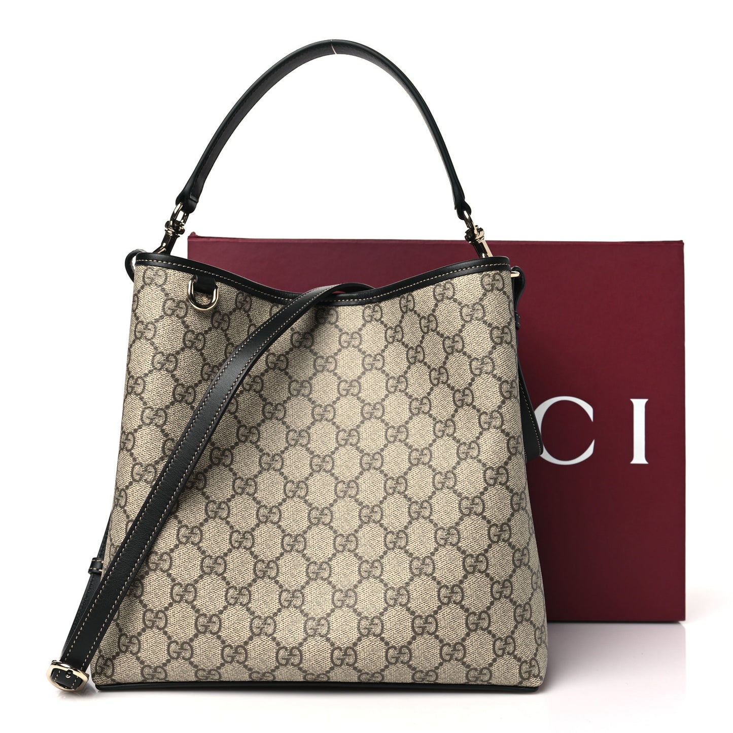 GG Supreme Monogram Medium Emblem Bucket Bag Beige Dark Brown Black