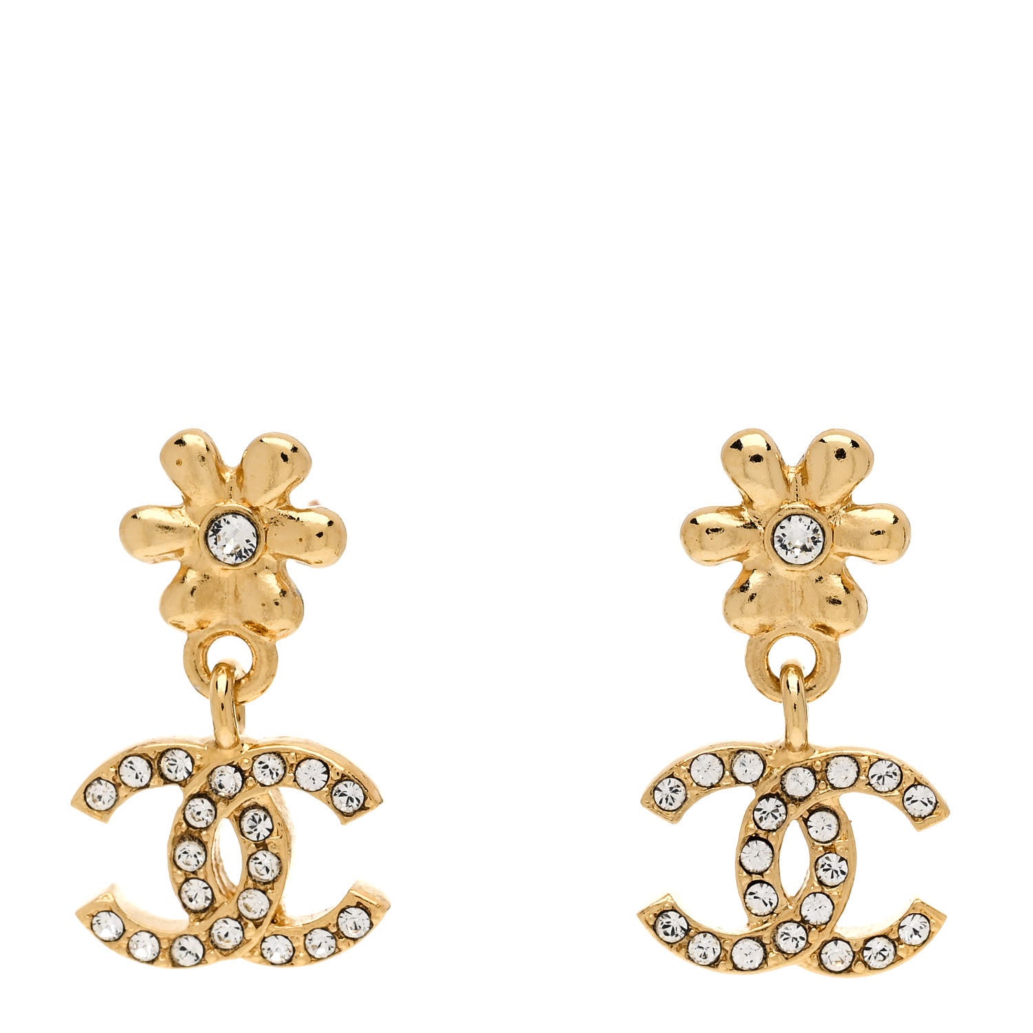 Chanel Metal Crystal CC Daisy Drop Earrings Gold 1 of 4