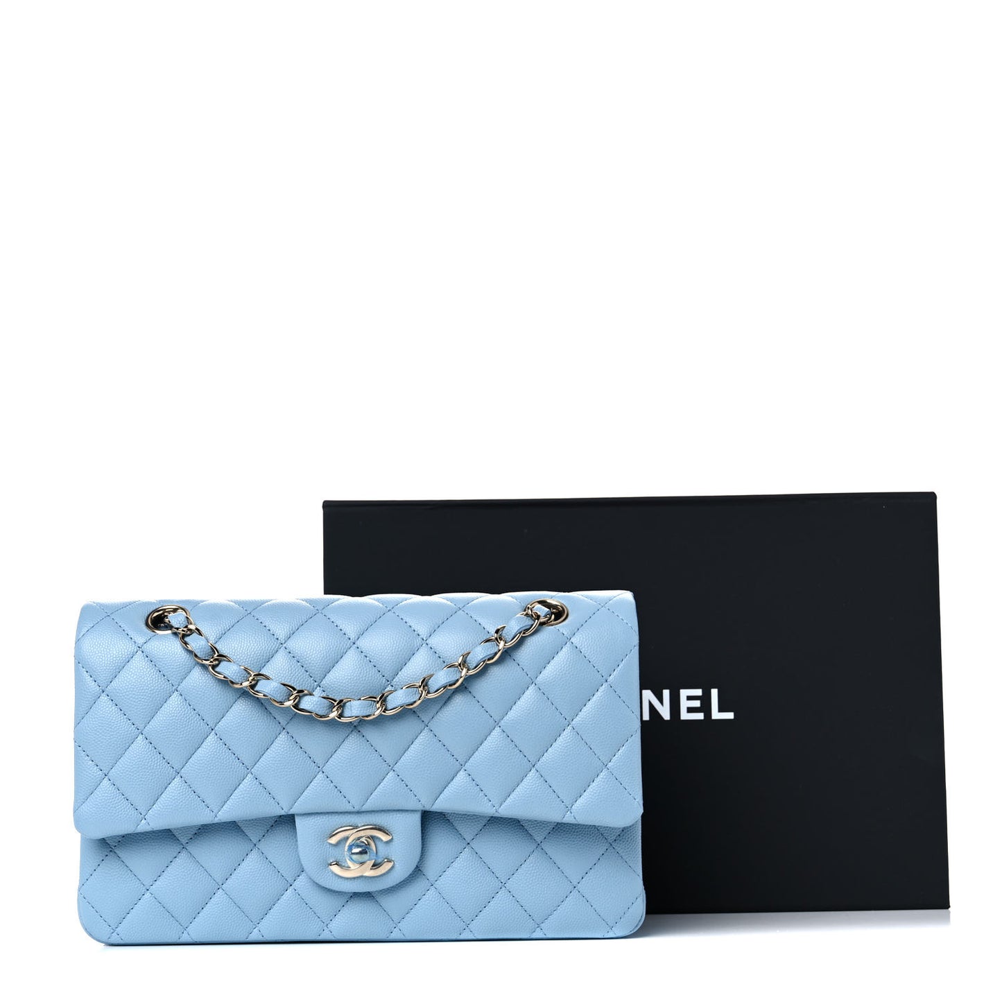 Caviar Quilted Medium Double Flap Light Blue