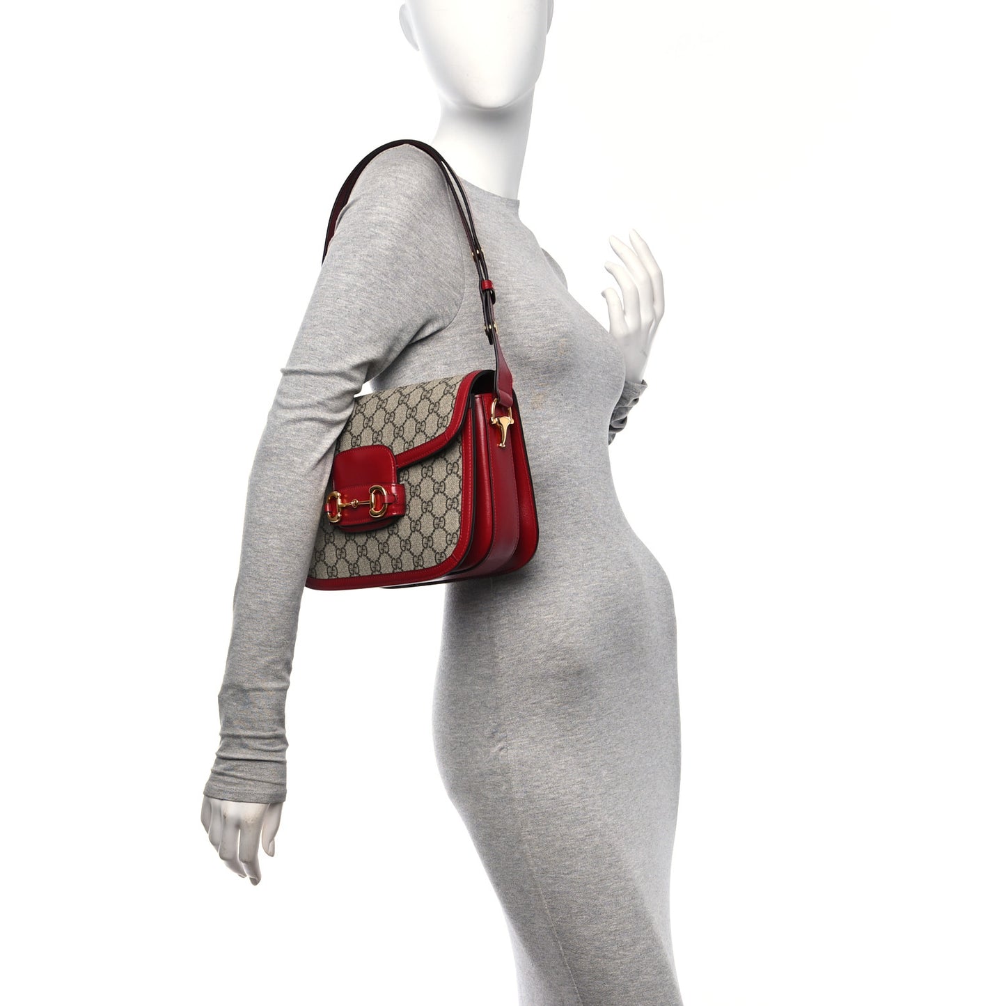 GG Supreme Monogram Azalea Calfskin Horsebit 1955 Shoulder Bag Beige Ebony New Cherry Red
