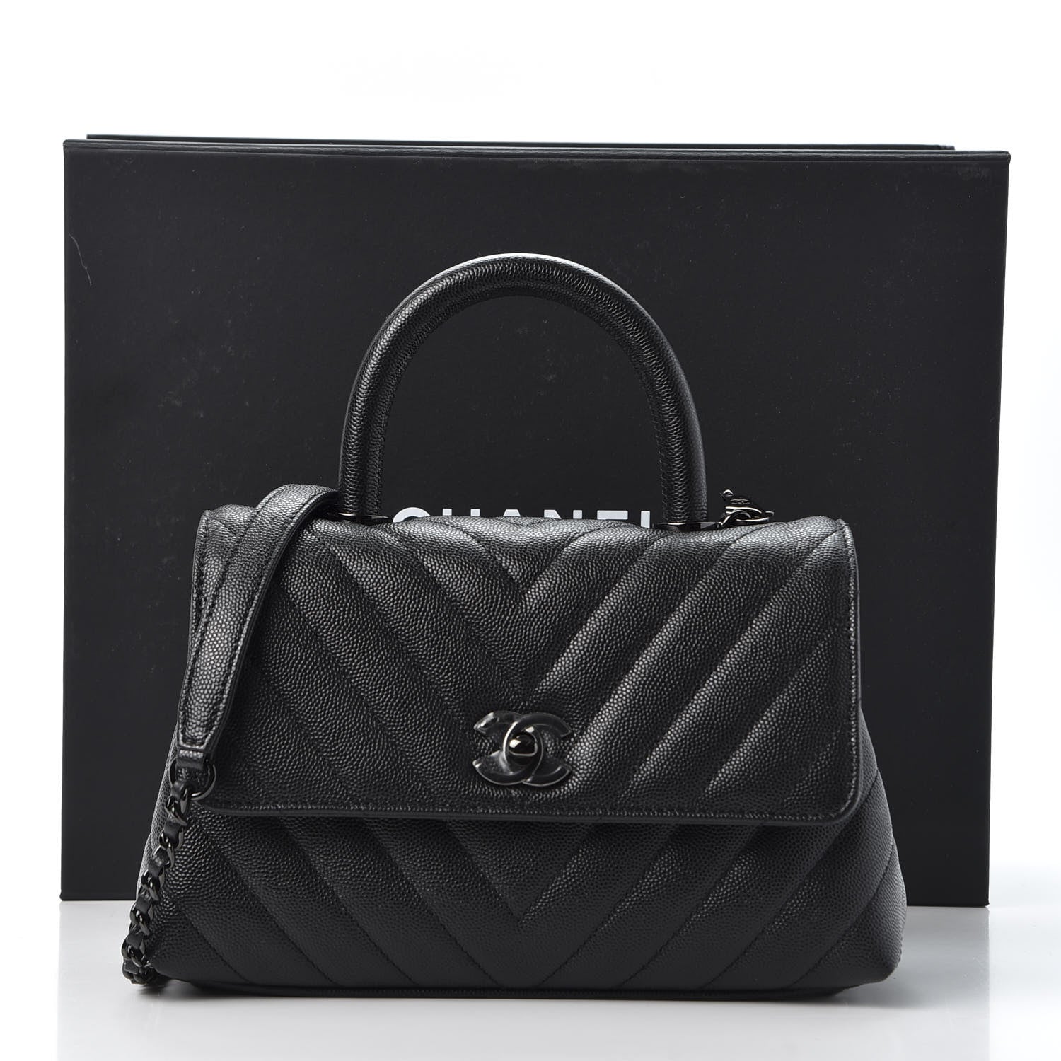 Chanel Caviar Chevron Quilted Mini Coco Handle Flap So Black 10 of 10