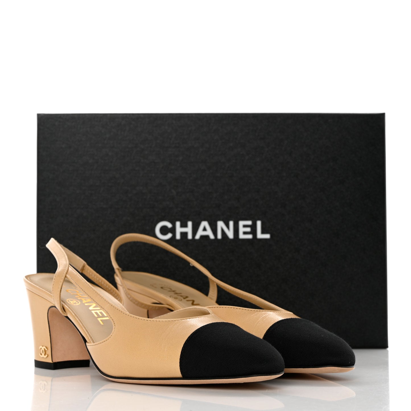Goatskin Grosgrain Cap Toe CC Slingback Pumps 36.5 Beige Black