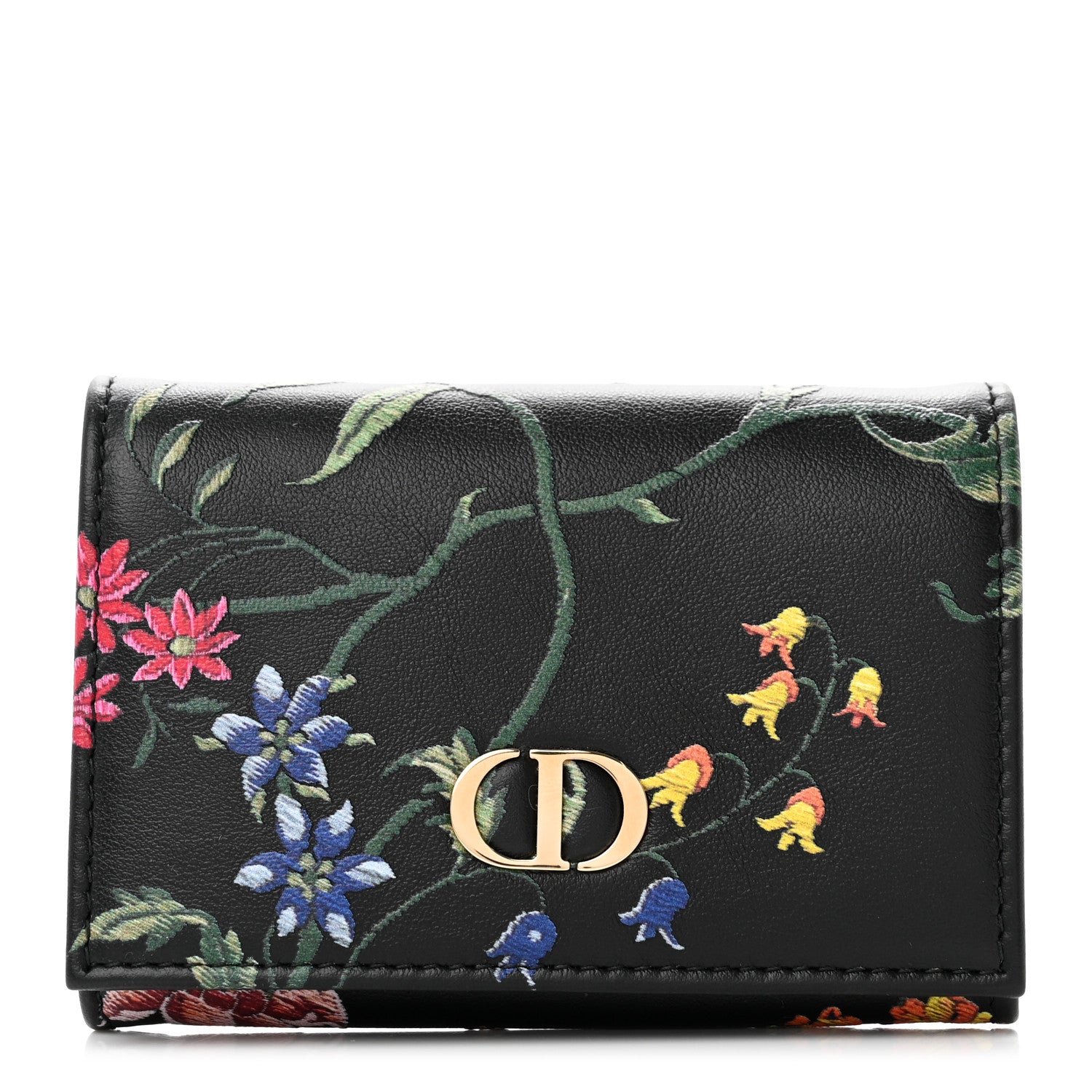 Christian Dior Calfskin Petites Fleurs Print Caro XS Wallet Black Multicolor 1 of 7