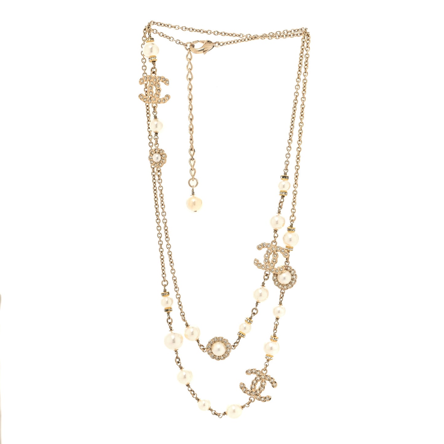 Pearl Crystal CC Long Necklace Gold