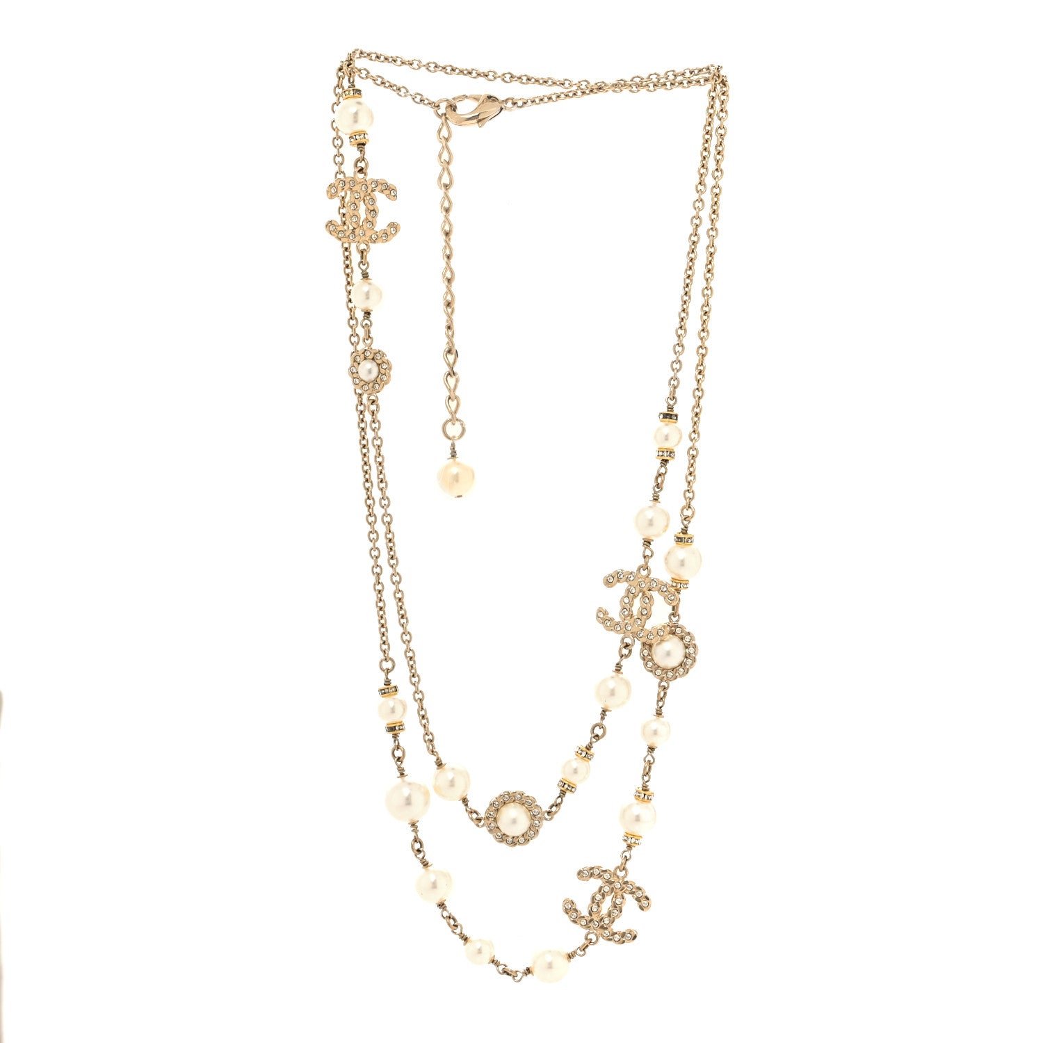 Chanel Pearl Crystal CC Long Necklace Gold 3 of 4