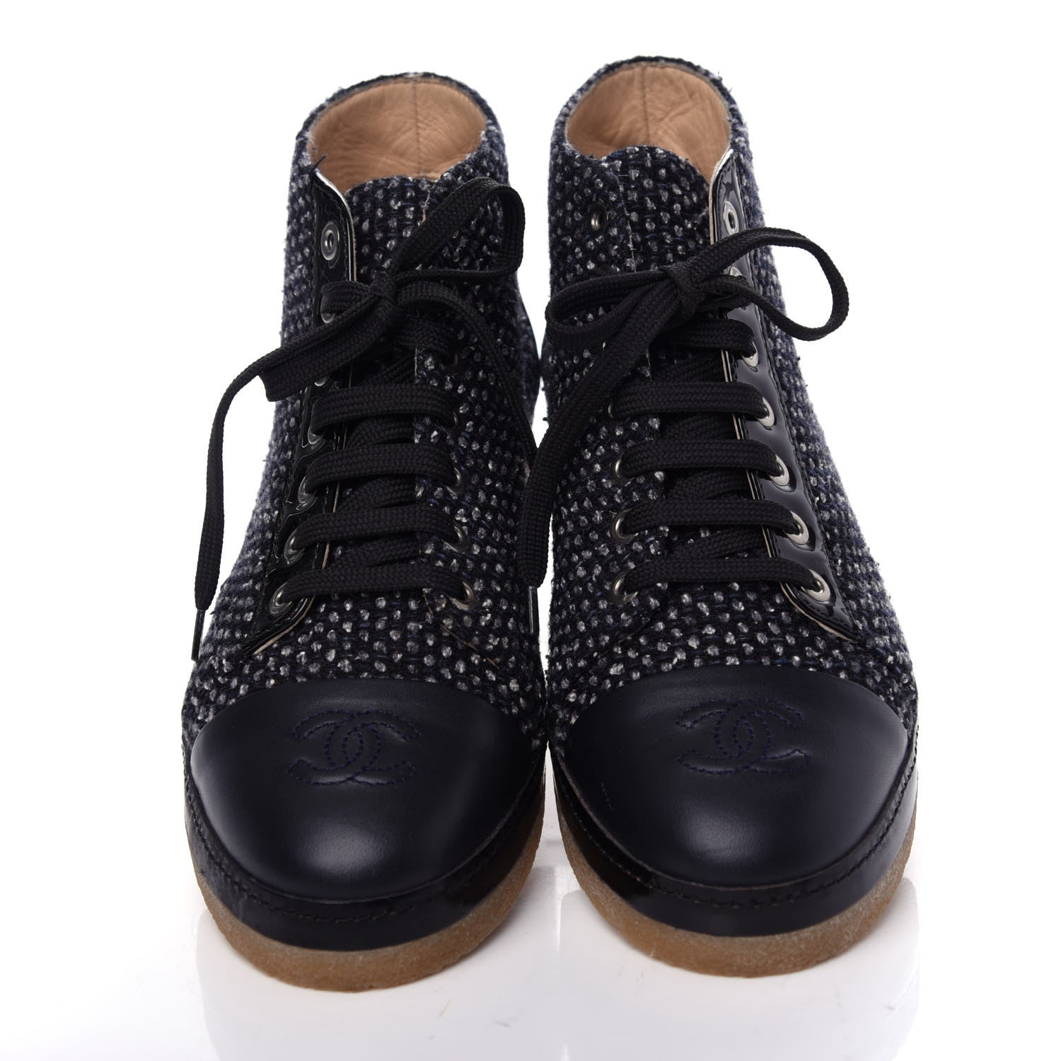 Chanel Tweed Calfskin Patent CC Lace Up Short Boots 38.5 Black Grey Dark Navy 5 of 11