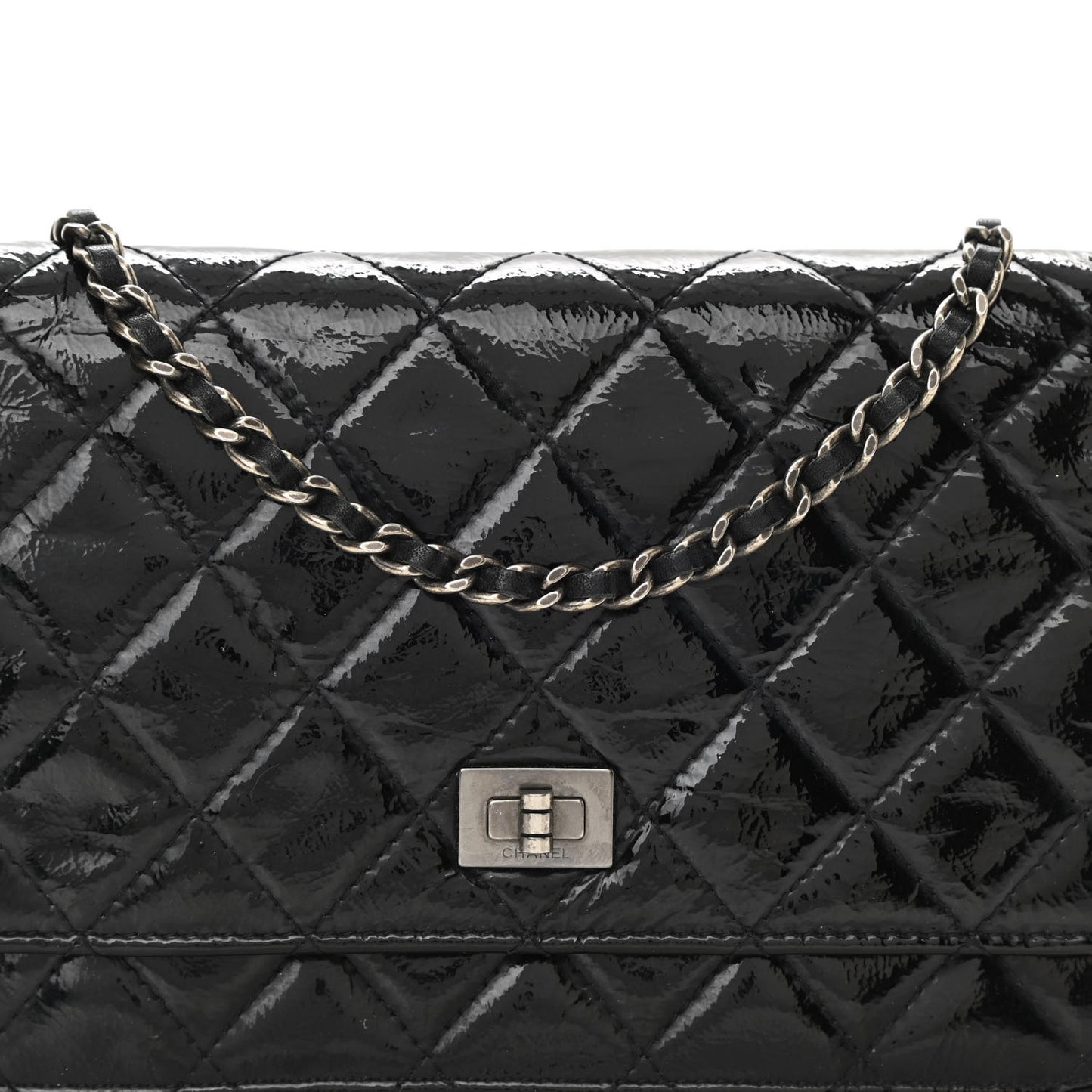 Distressed Patent Calfskin Quilted Reissue Wallet On Chain WOC Black