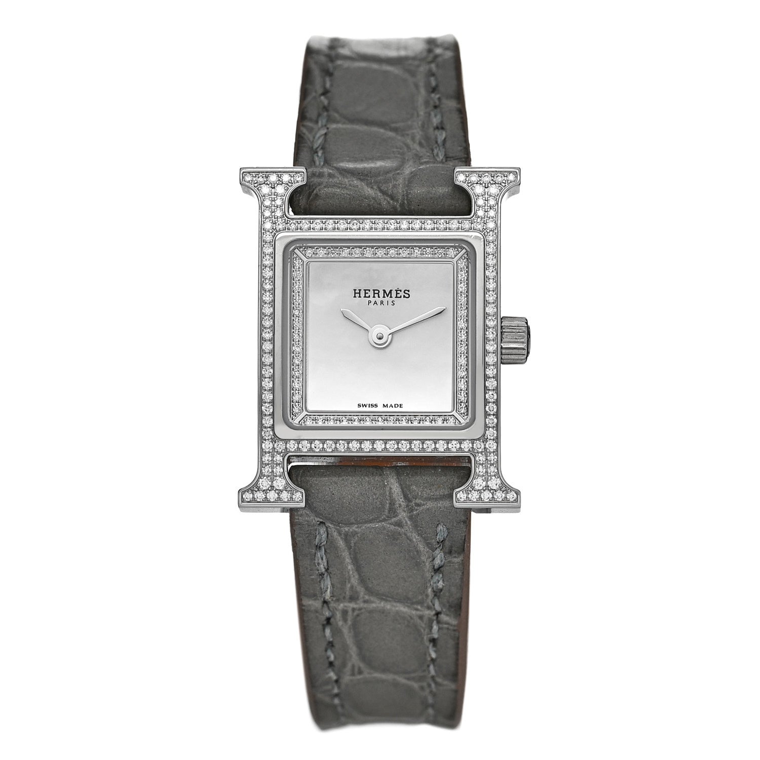 Hermes Stainless Steel Alligator Diamond Bezel Mother of Pearl