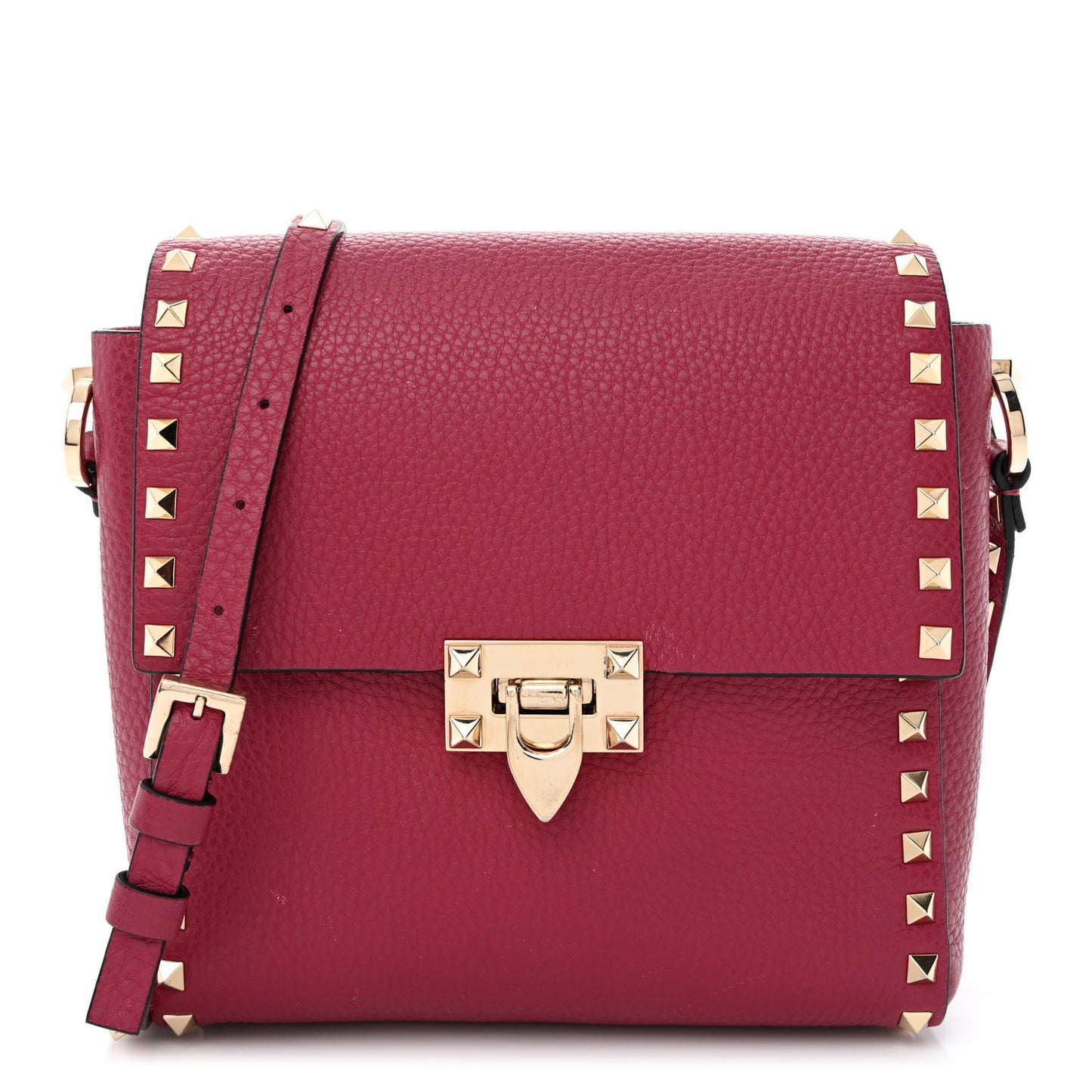 Pebbled Calfskin Rockstud Flip Lock Flap Messenger Raspberry