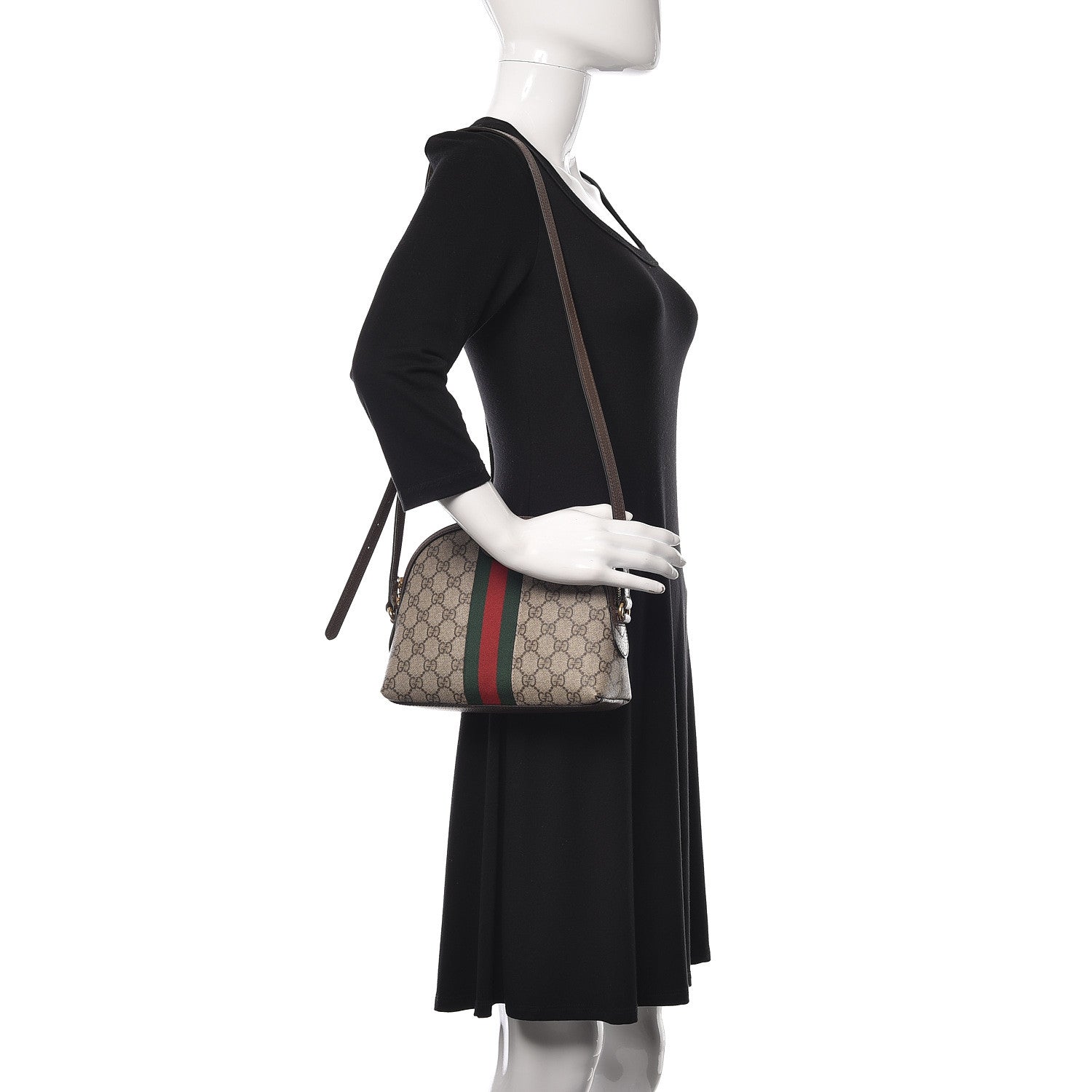Gucci GG Supreme Monogram Textured Dollar Calfskin Web Small Ophidia Dome Shoulder Bag Beige Ebony New Acero 2 of 15