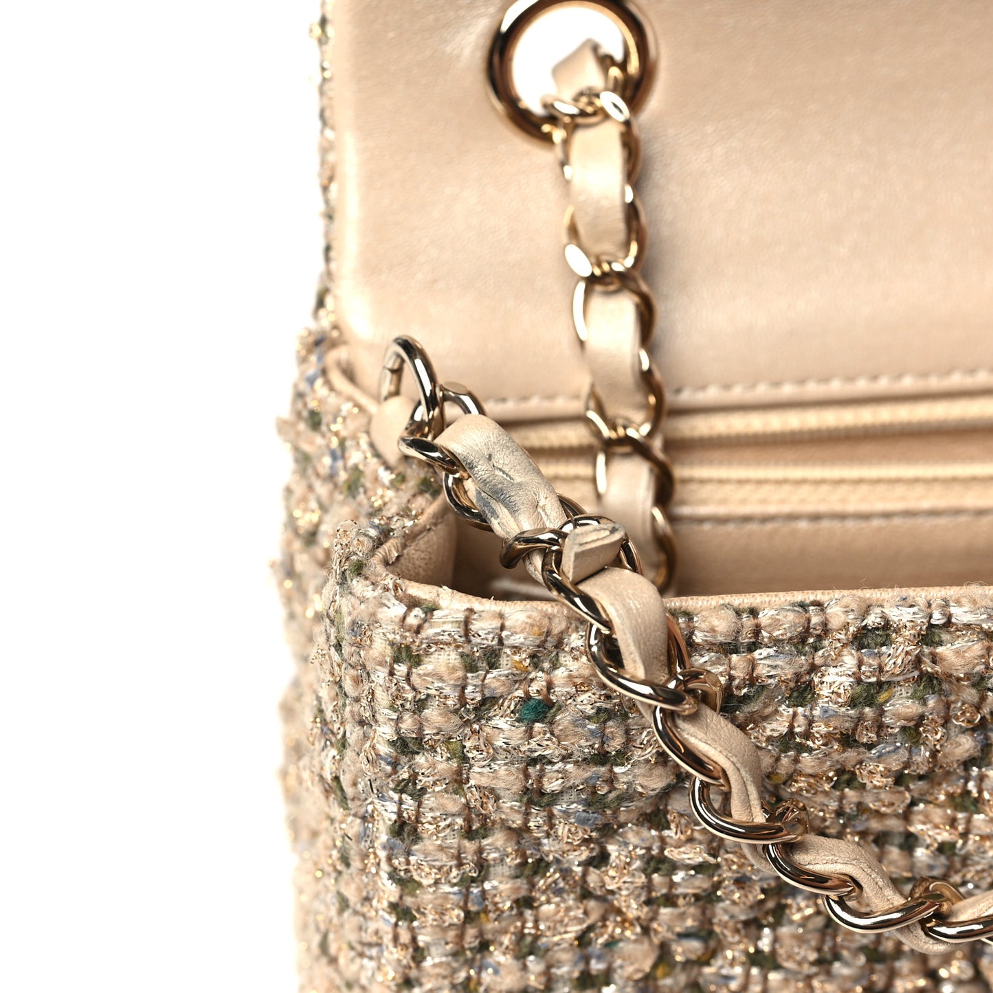 Tweed Quilted Mini Rectangular Flap Beige