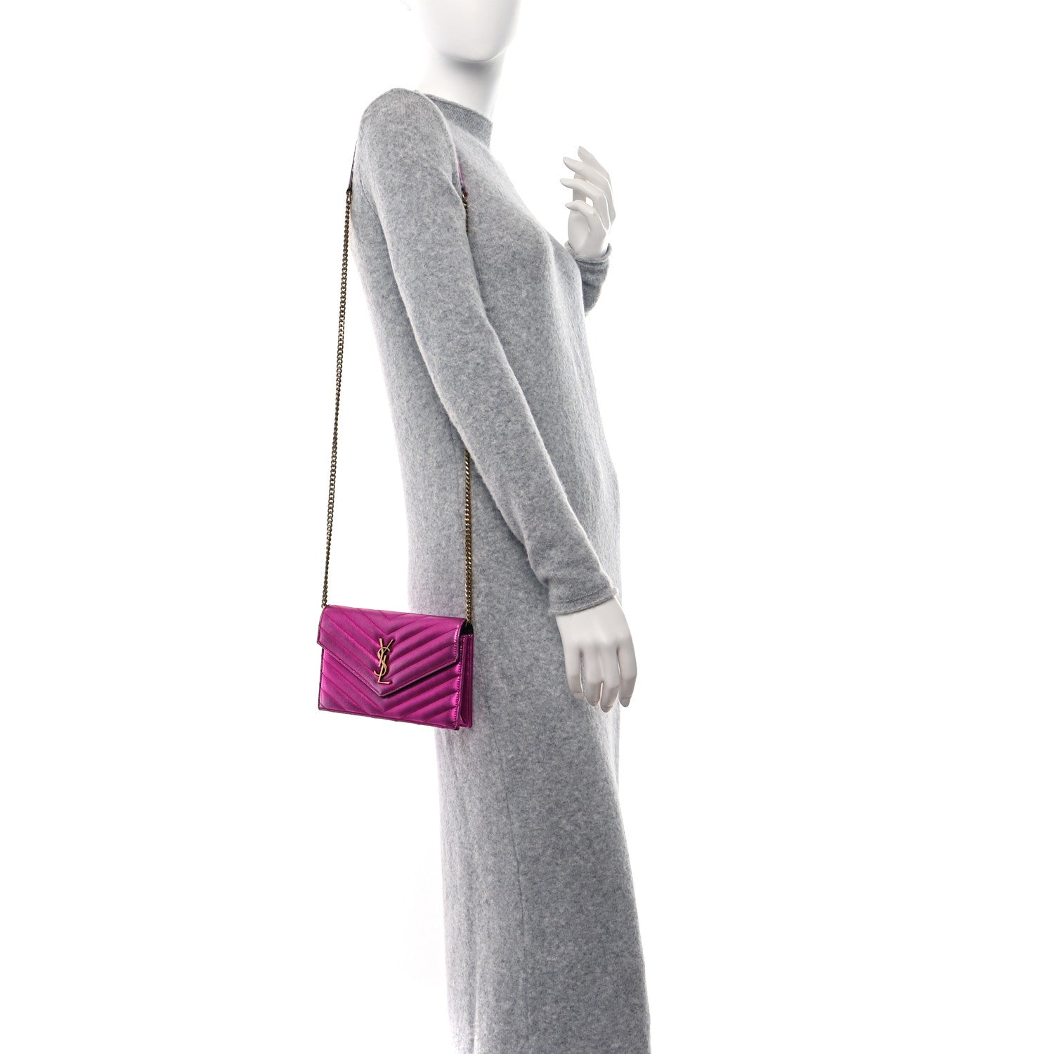Saint Laurent Metallic Calfskin Matelasse Chevron Monogram Envelope Chain Wallet Fuchsia 3 of 10
