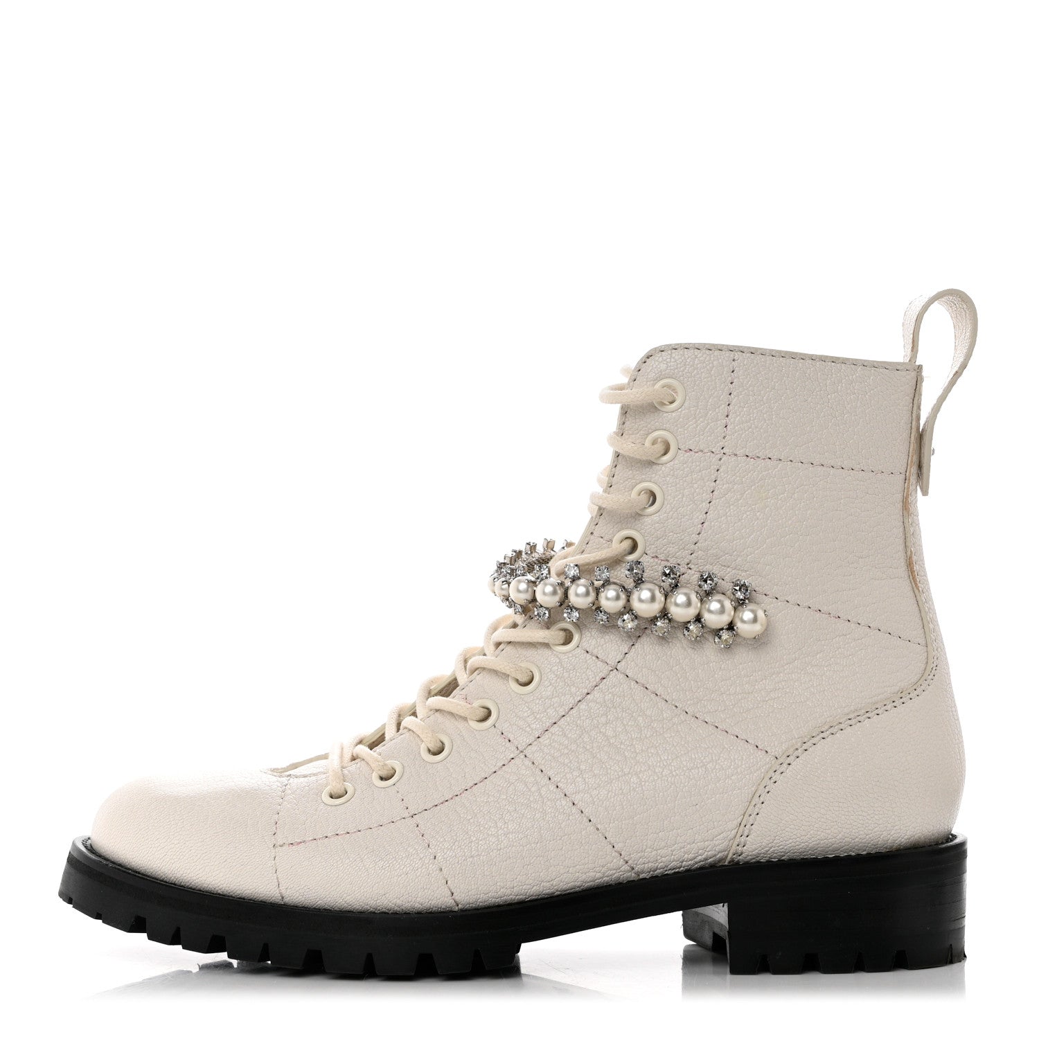 Jimmy Choo Goatskin Pearl Embellished Cruz Combat Boots 37 White 1 of 8