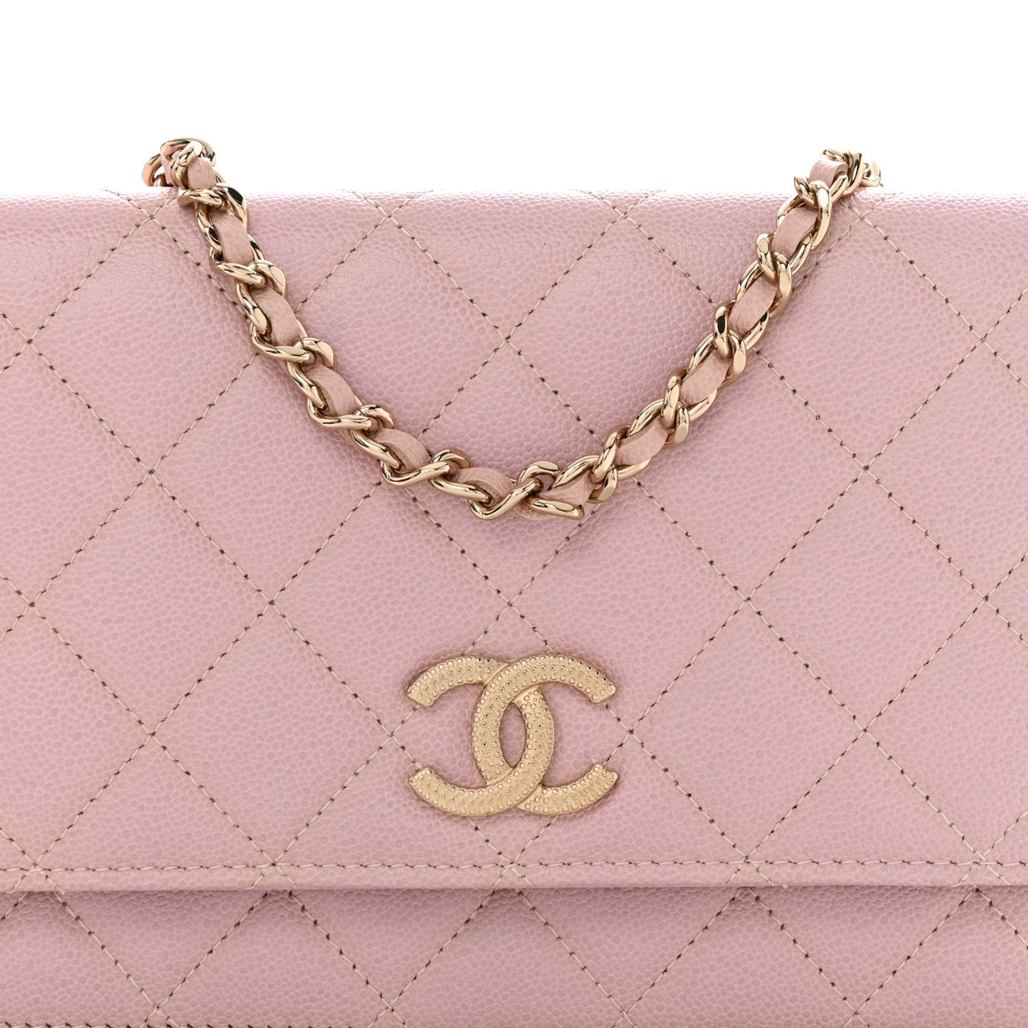 Caviar Quilted Studded CC Wallet on Chain WOC Light Pink