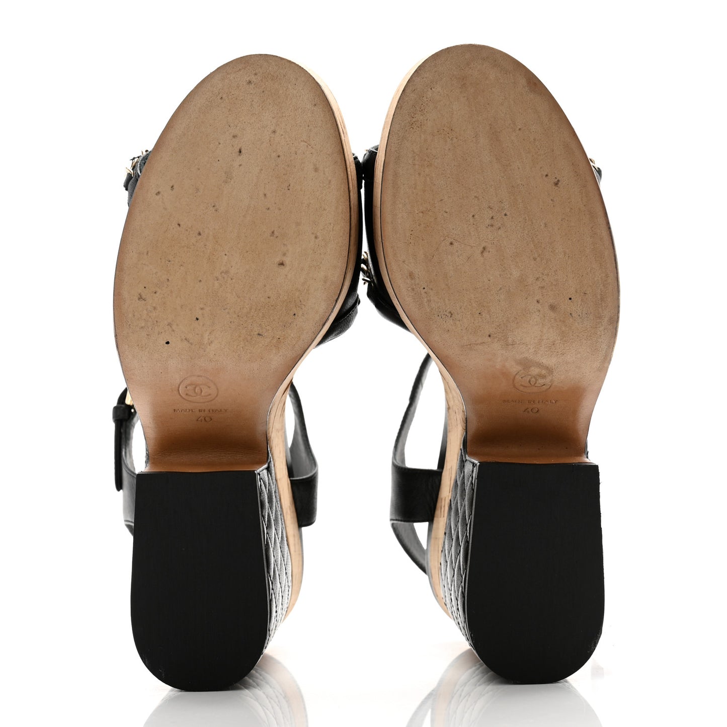 Lambskin Quilted Chain Cork Wedge Sandals 40 Black