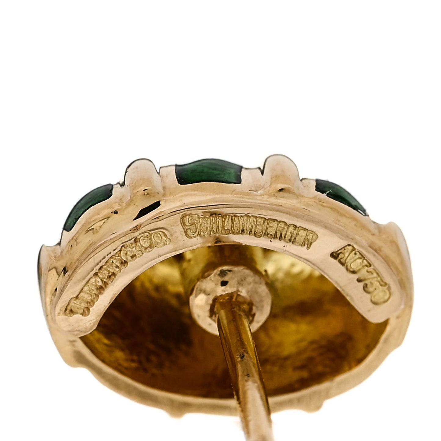 18K Yellow Gold Enamel Schlumberger Olive Stud Earrings Green