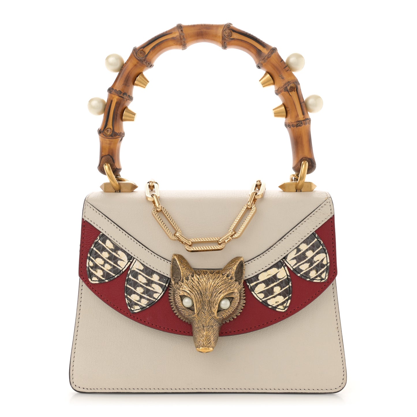 Goatskin Pearl Mini Fox Broche Bamboo Top Handle Bag Hibiscus Red Mystic White