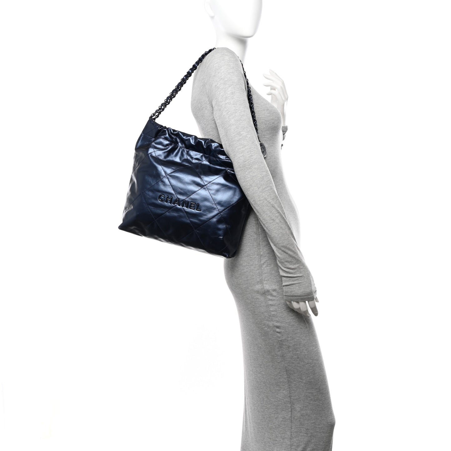 Metallic Calfskin Quilted Small Chanel 22 Navy Blue