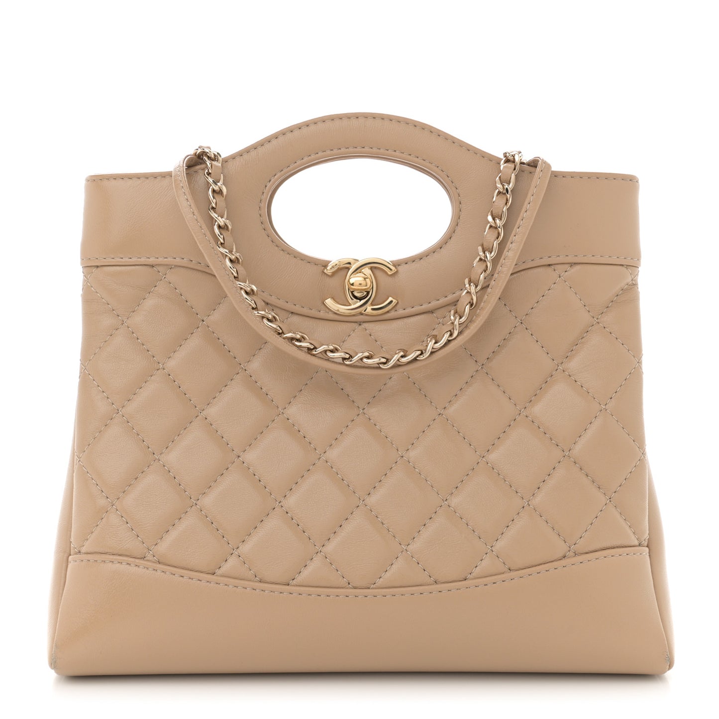 Shiny Crumpled Calfskin Quilted Mini 31 Shopping Bag Dark Beige