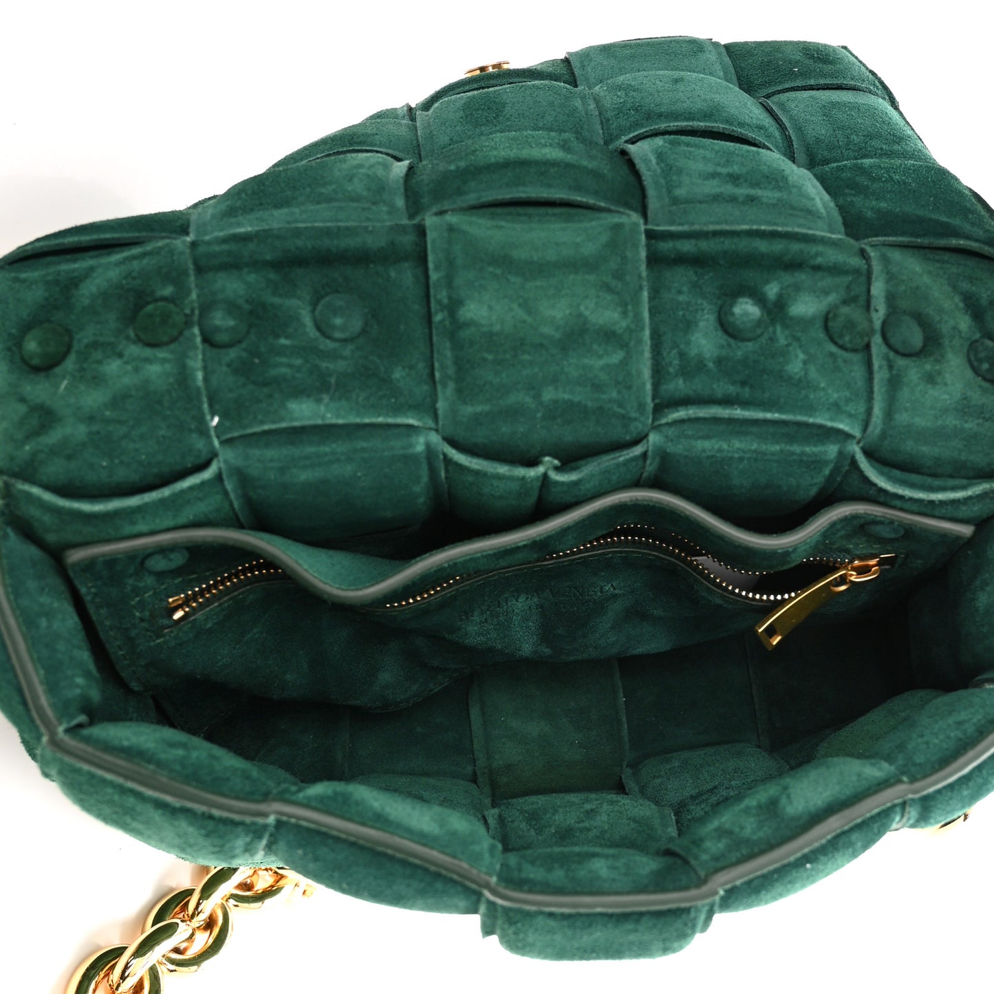 Suede Maxi Intrecciato Padded Chain Cassette Crossbody Bag Emerald Green