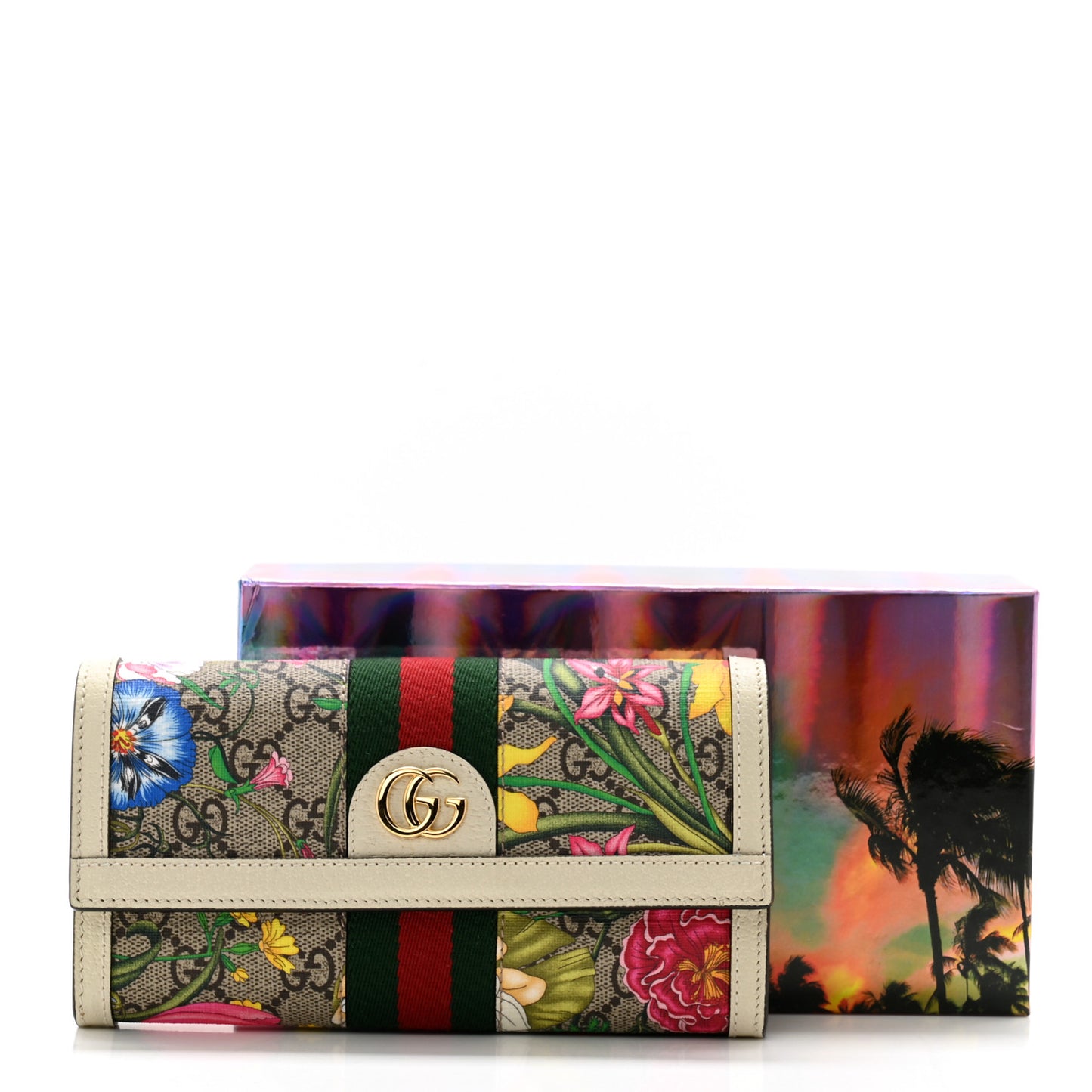 GG Supreme Monogram Flora Web Ophidia Continental Wallet White