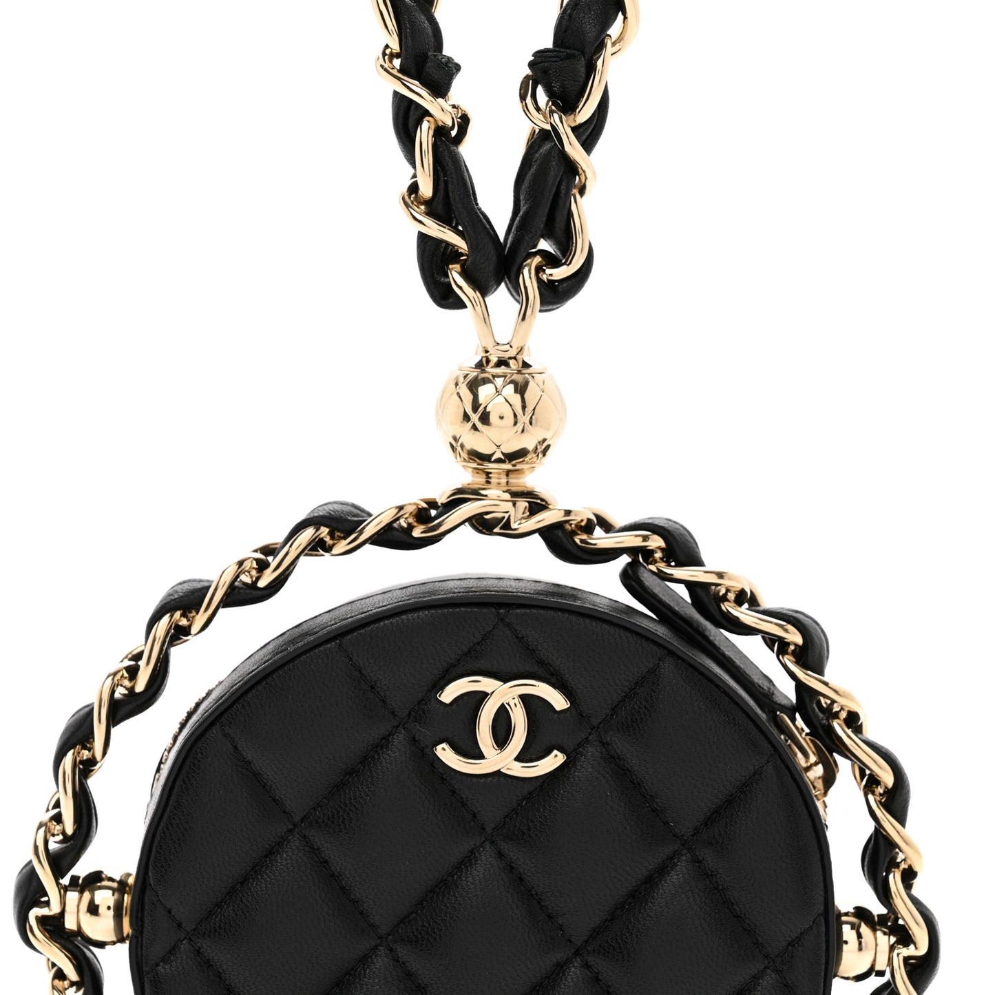 Lambskin Quilted Chain Round Mini Clutch Black