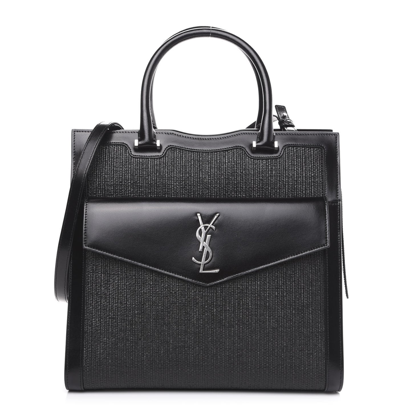 Raffia Shiny Calfskin Large Uptown Tote Black