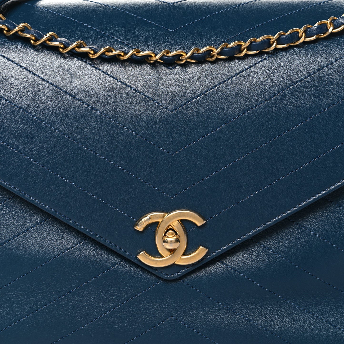 Lambskin Chevron Stitched Large Envelope Flap Blue