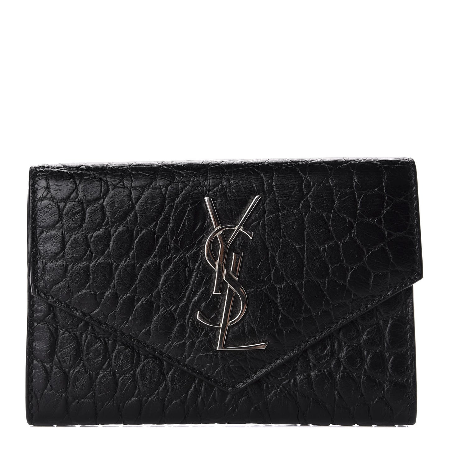 Calfskin Crocodile Embossed Small Monogram Envelope Wallet Black