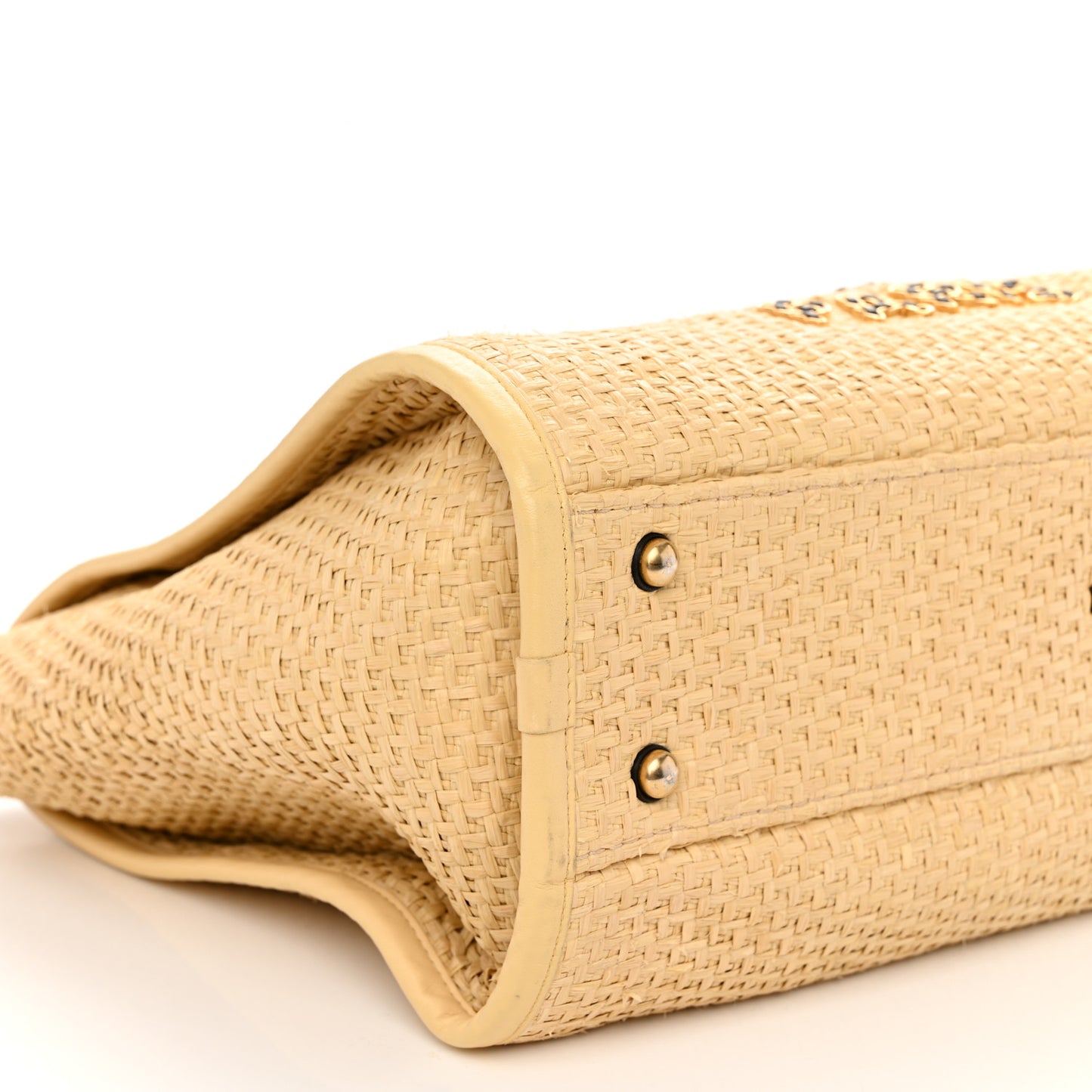 Straw Raffia Calfskin Chain Small Deauville Tote Beige Black