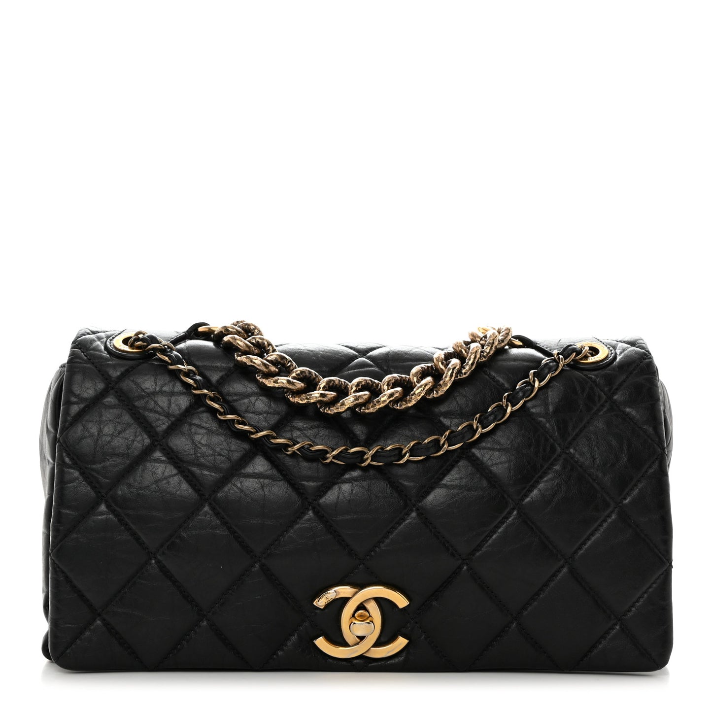 Aged Calfskin Quilted Small Pondichery Flap Black