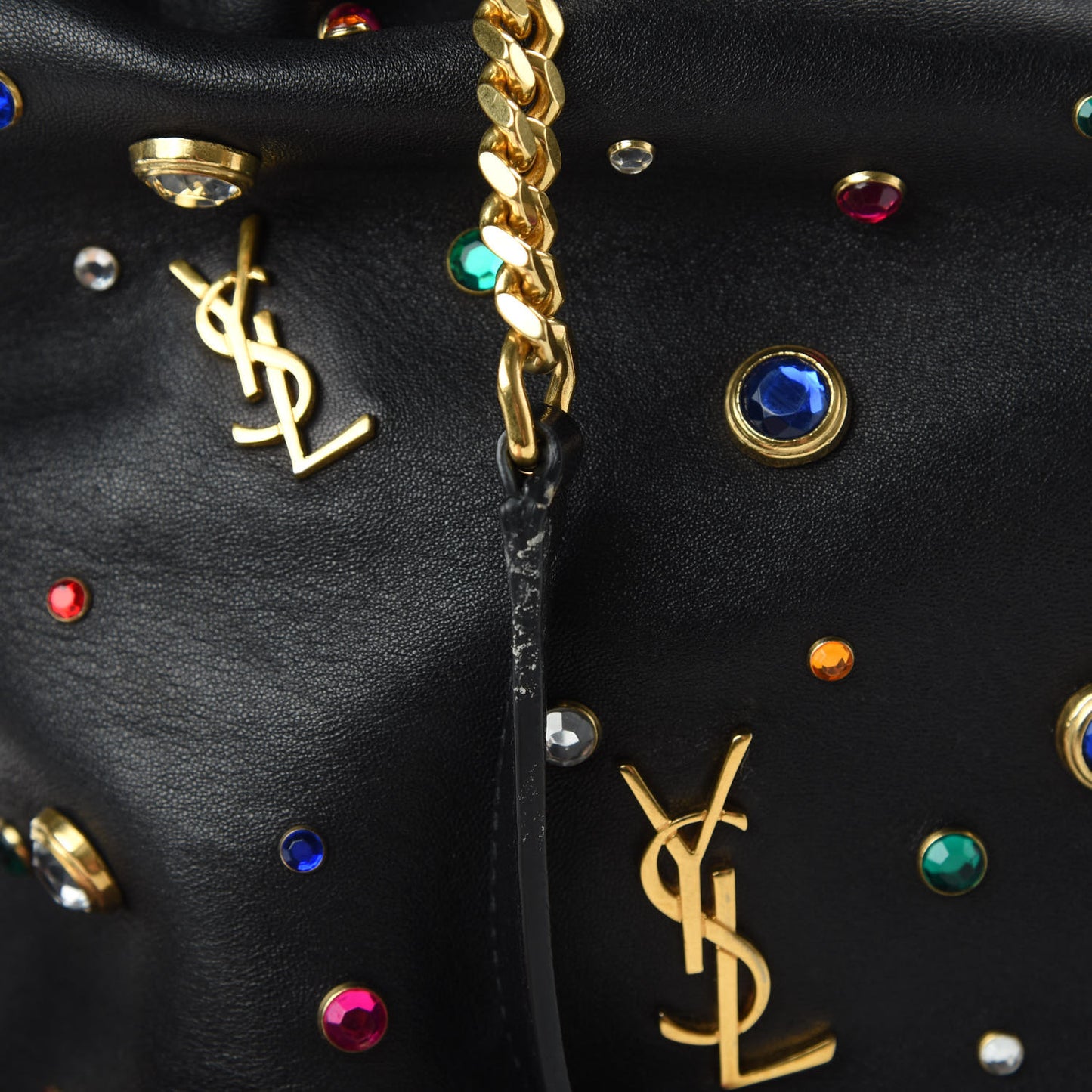 Lambskin Charm Studded Teddy Drawstring Bag Black