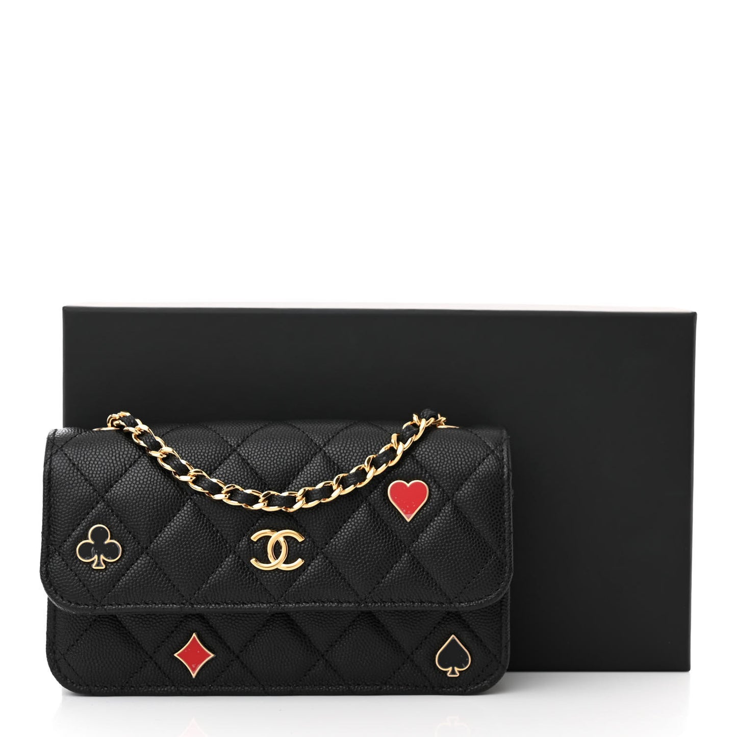Caviar Quilted Enamel Coco Casino Flap Phone Holder With Chain Black