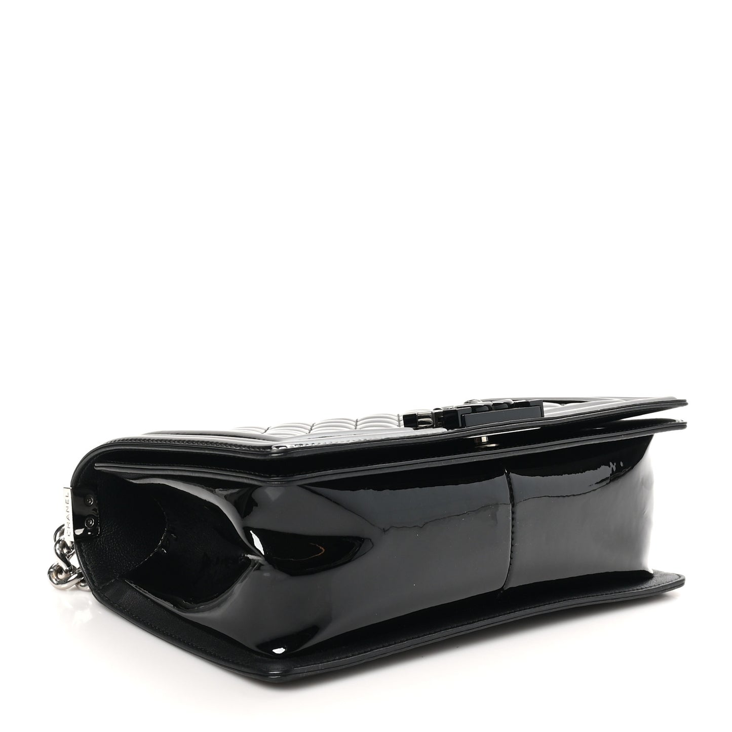 Patent Calfskin Quilted Medium Plexiglass Boy Flap Black
