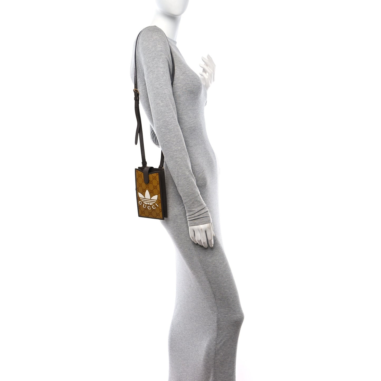 X ADIDAS Crystal Vintage Monogram Textured Dollar Calfskin Trefoil Logo Phone Crossbody Bag Mid Natural Nut Off White New Acero