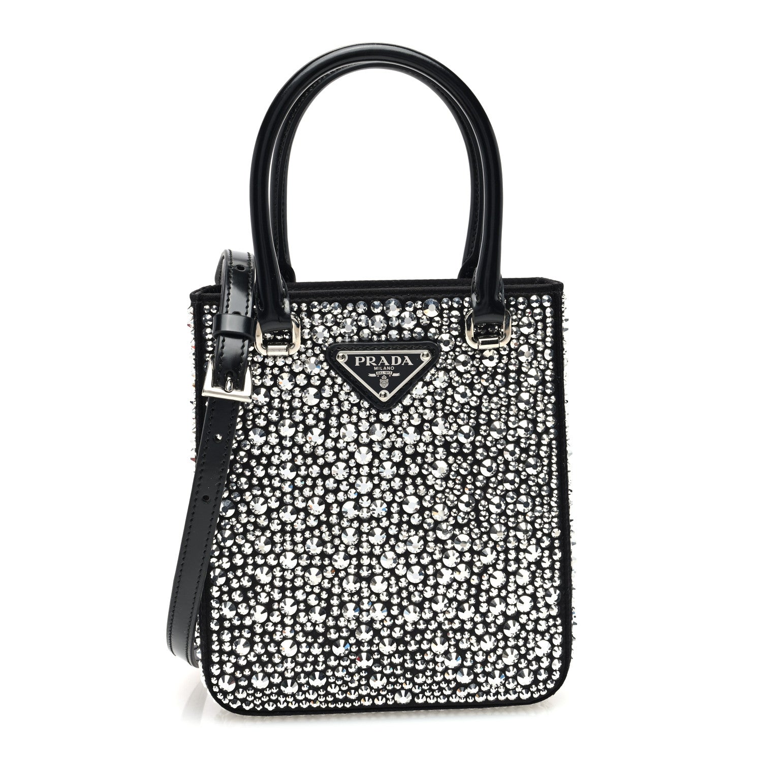 Prada Satin Crystal Metal Triangle Logo Small Double Handle Crossbody Tote Metal 1 of 9